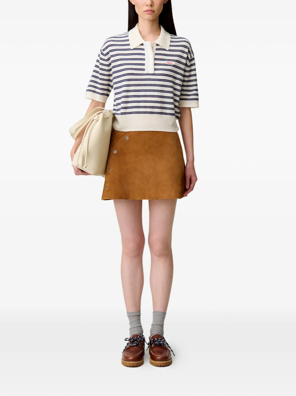Claudie Pierlot Polotop met geborduurd logo en strepen - Beige