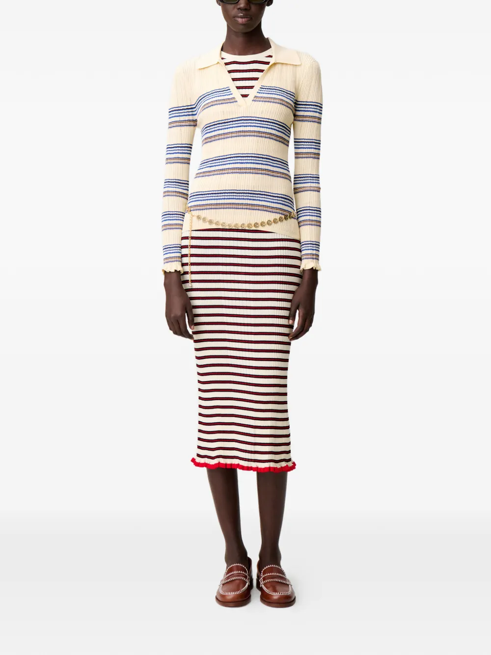 Claudie Pierlot Gestreepte top met ruches - Beige