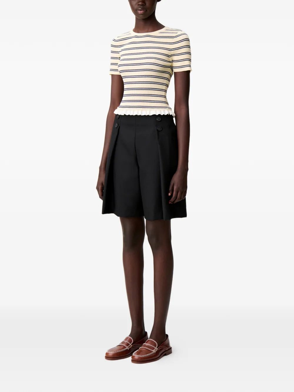 Claudie Pierlot Gestreept T-shirt met ruches Beige