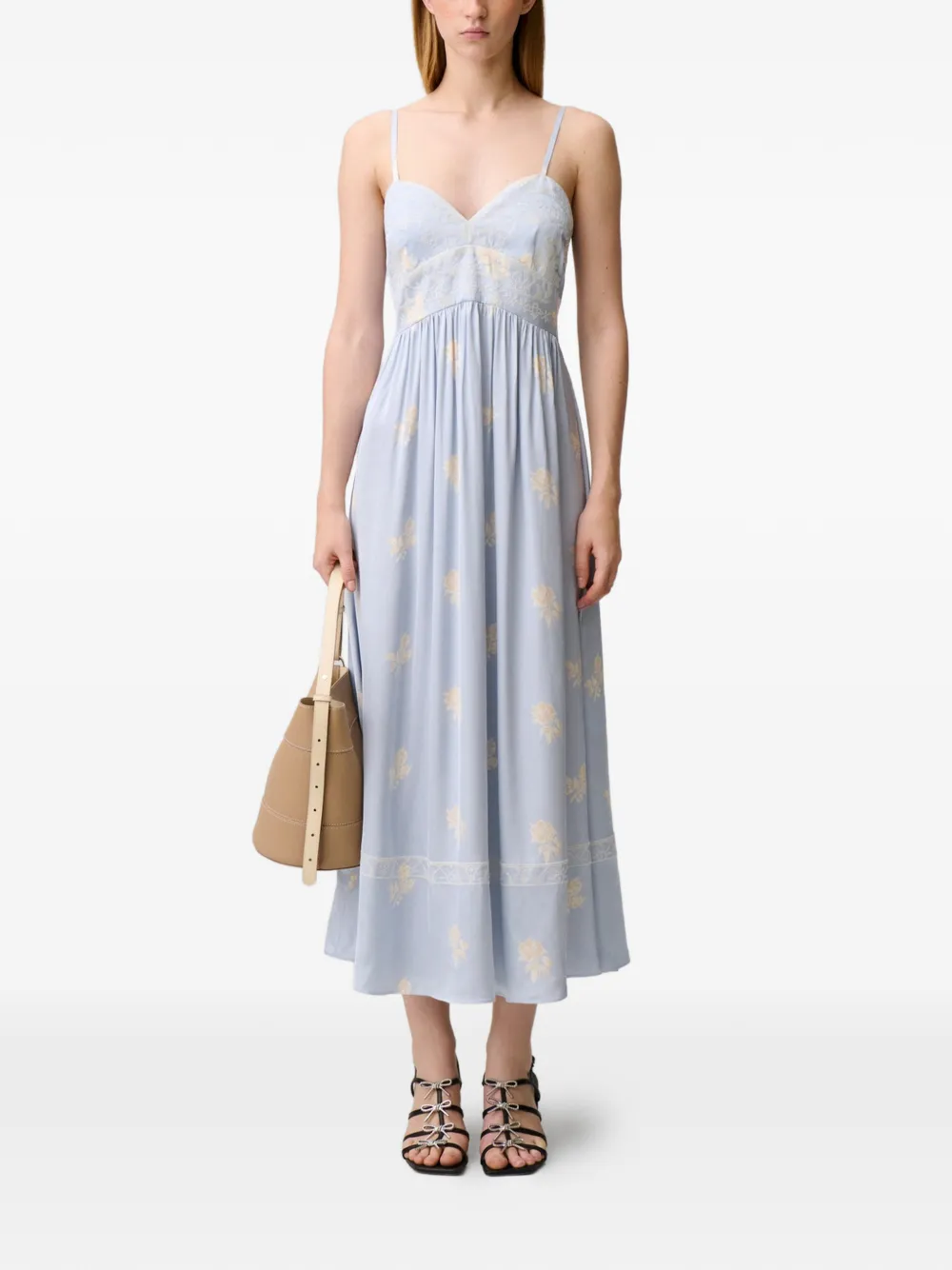 Claudie Pierlot Midi-jurk met geborduurde bloemen Blauw