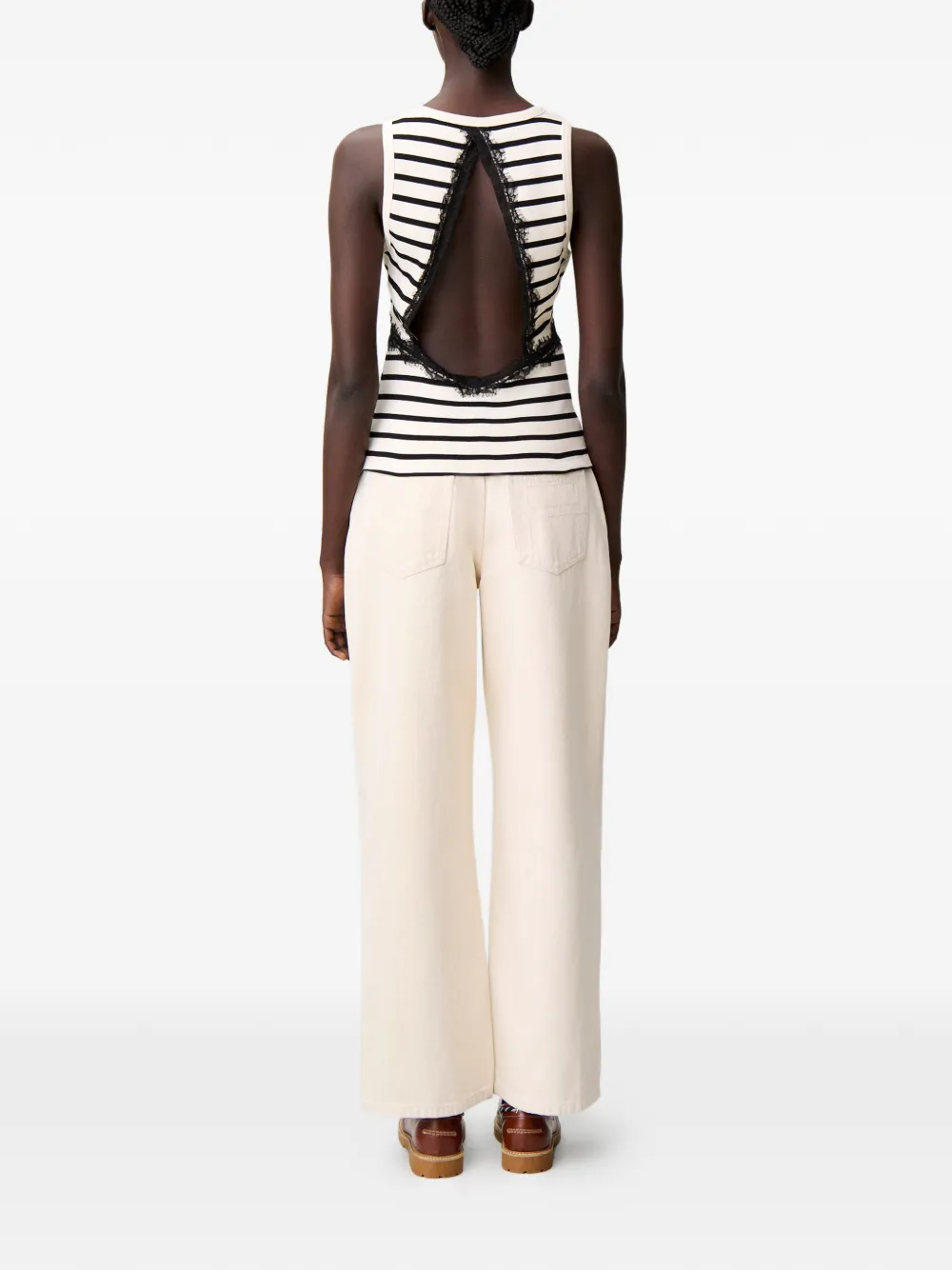 Claudie Pierlot Gestreepte tanktop met kanten band Beige