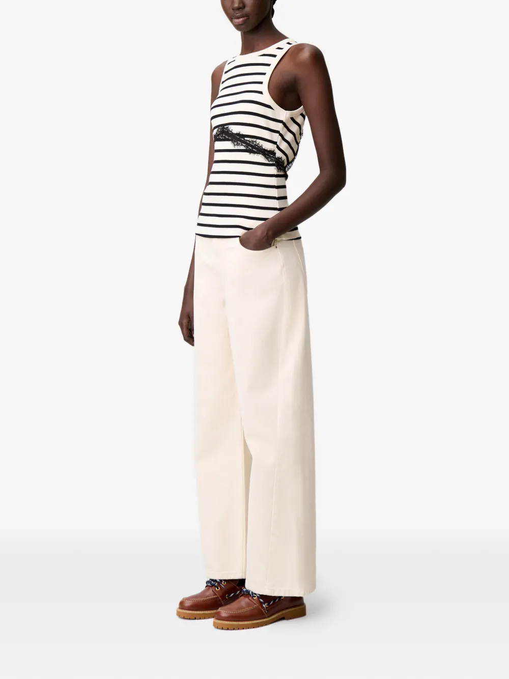 Claudie Pierlot Gestreepte tanktop met kanten band Beige