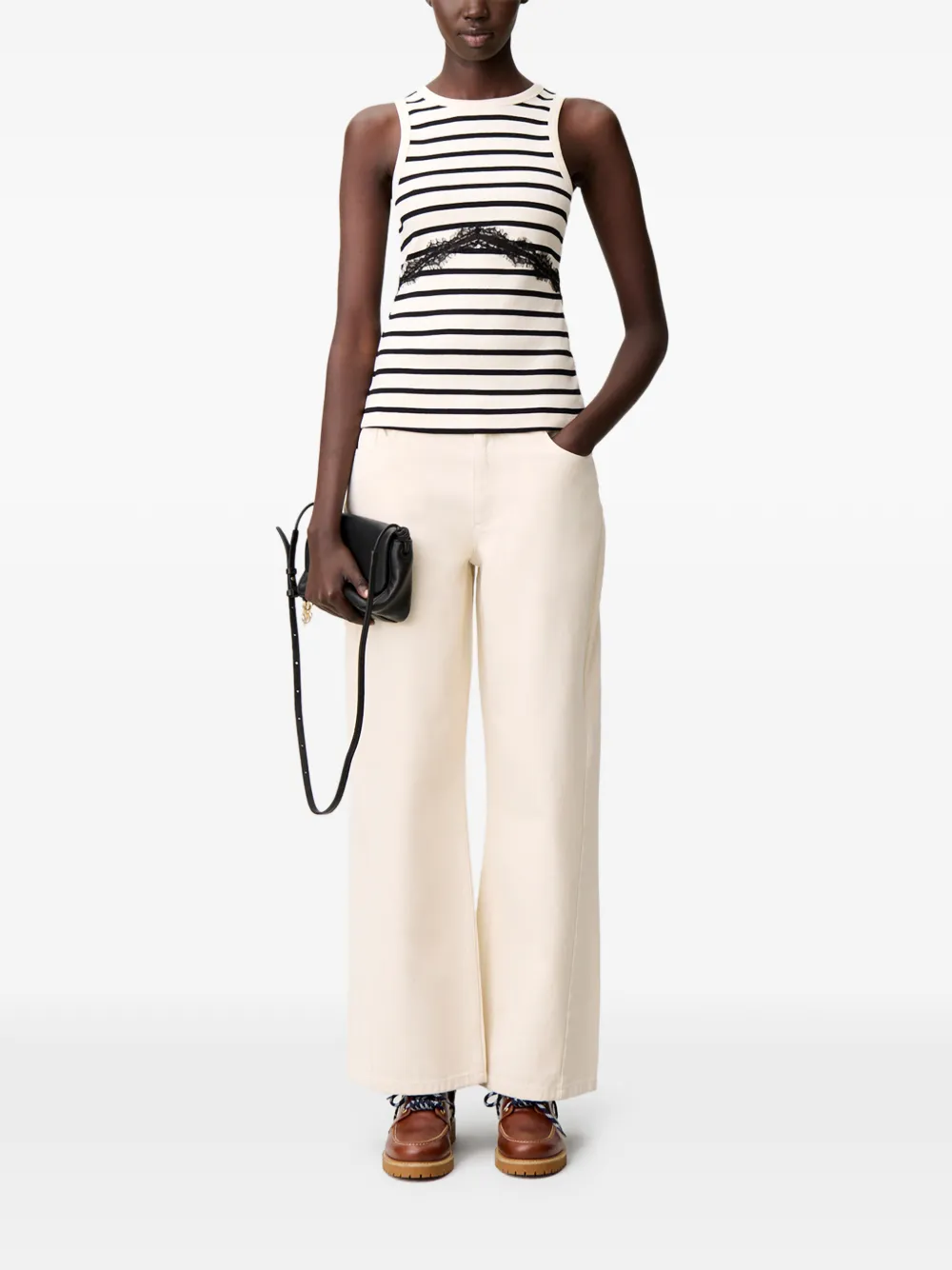 Claudie Pierlot Gestreepte tanktop met kanten band Beige