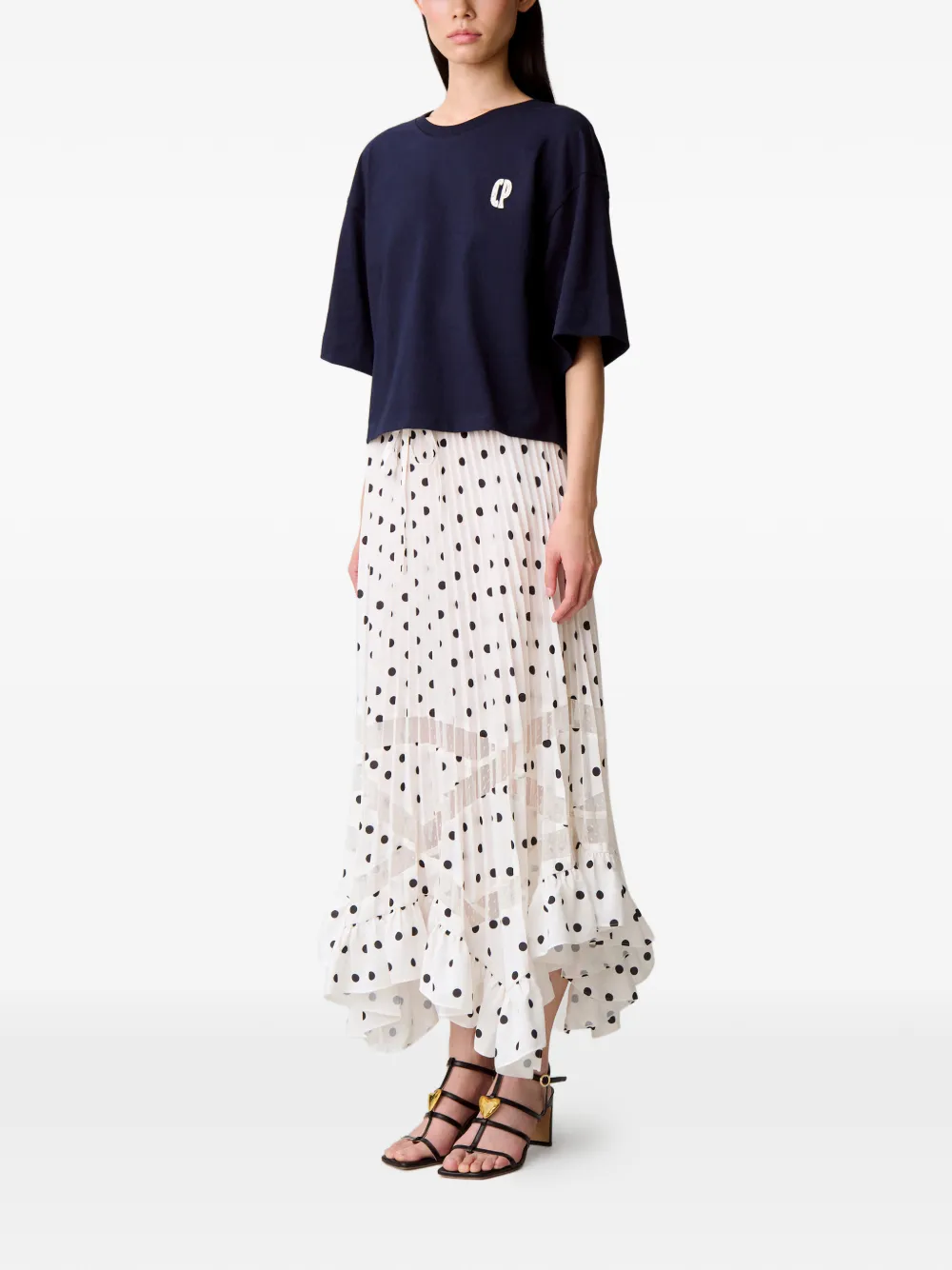 Polka-Dot Lace Band Midi Skirt