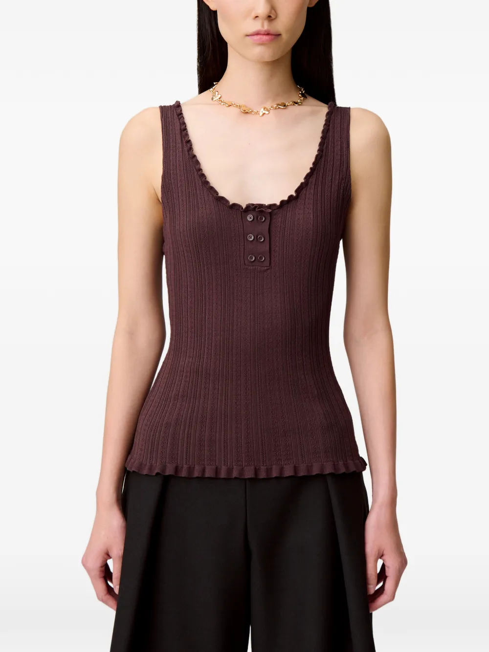 Claudie Pierlot Pointelle gebreide tanktop met ruches Bruin