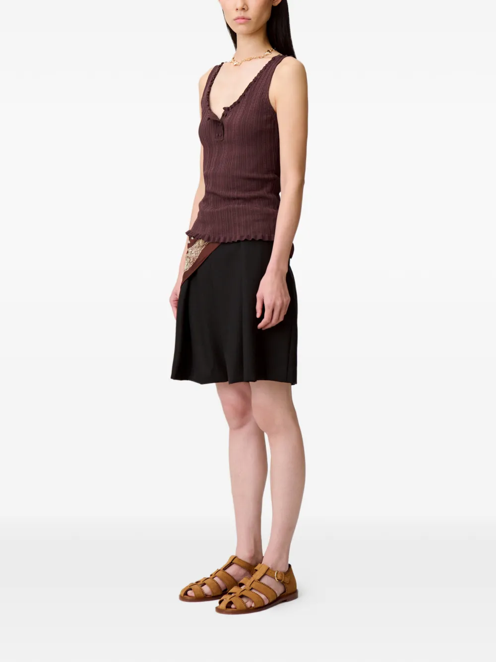 Claudie Pierlot Pointelle gebreide tanktop met ruches Bruin