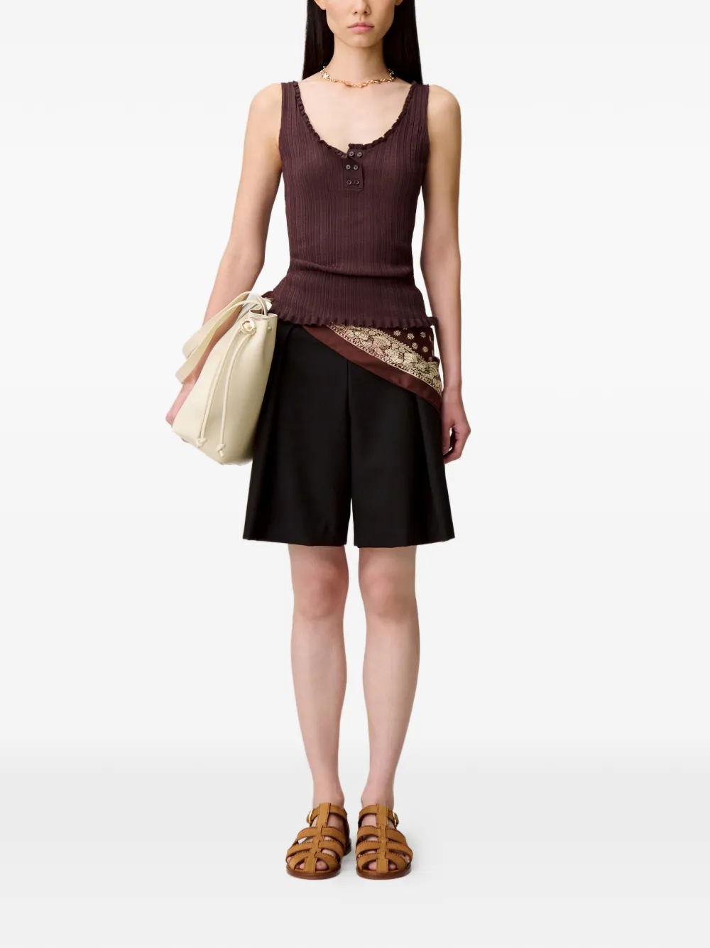 Claudie Pierlot Pointelle gebreide tanktop met ruches Bruin