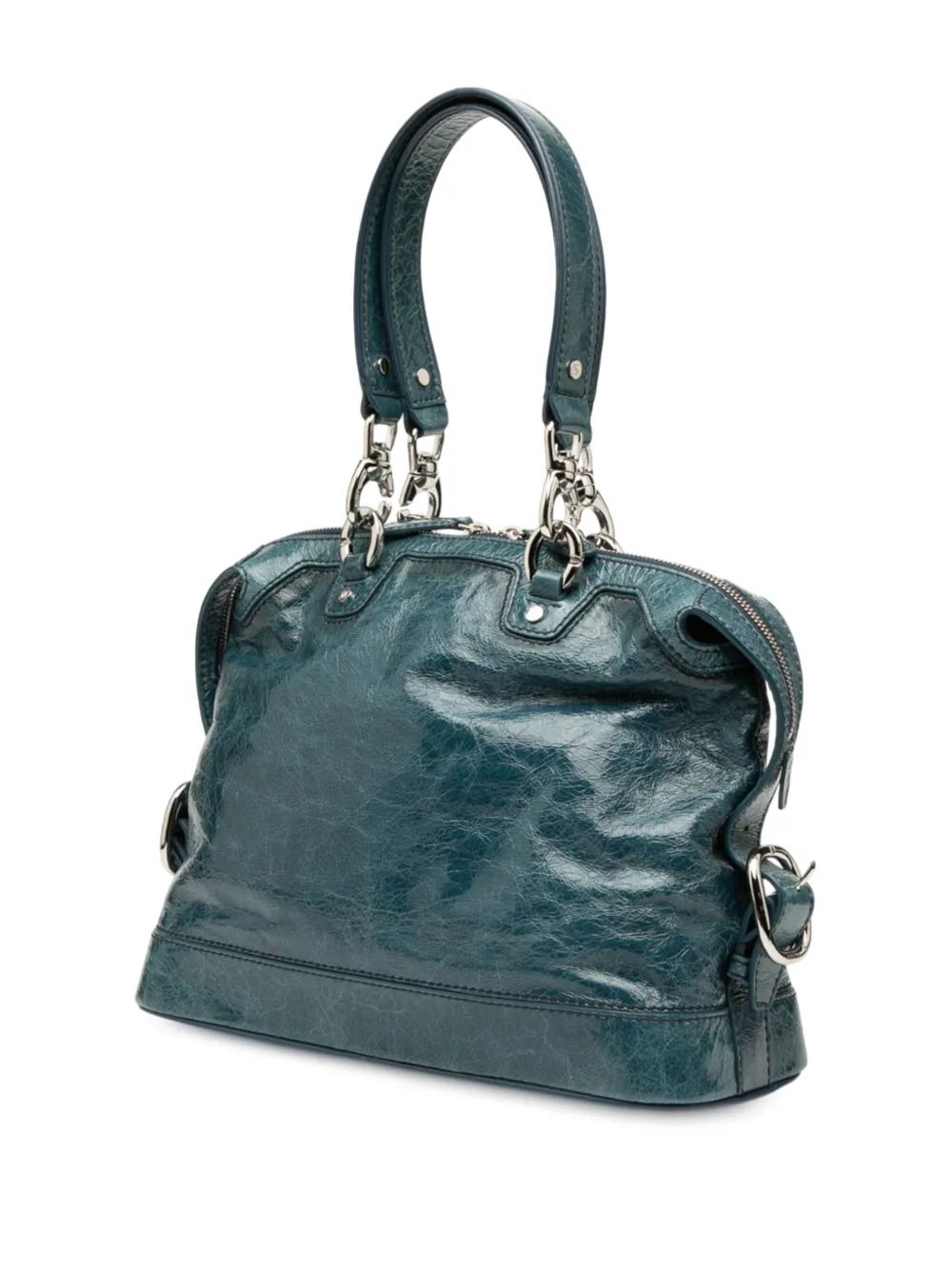 Pre-owned Celine 2008 Crinkled Patent Macadam Shoulder Bag In Blue