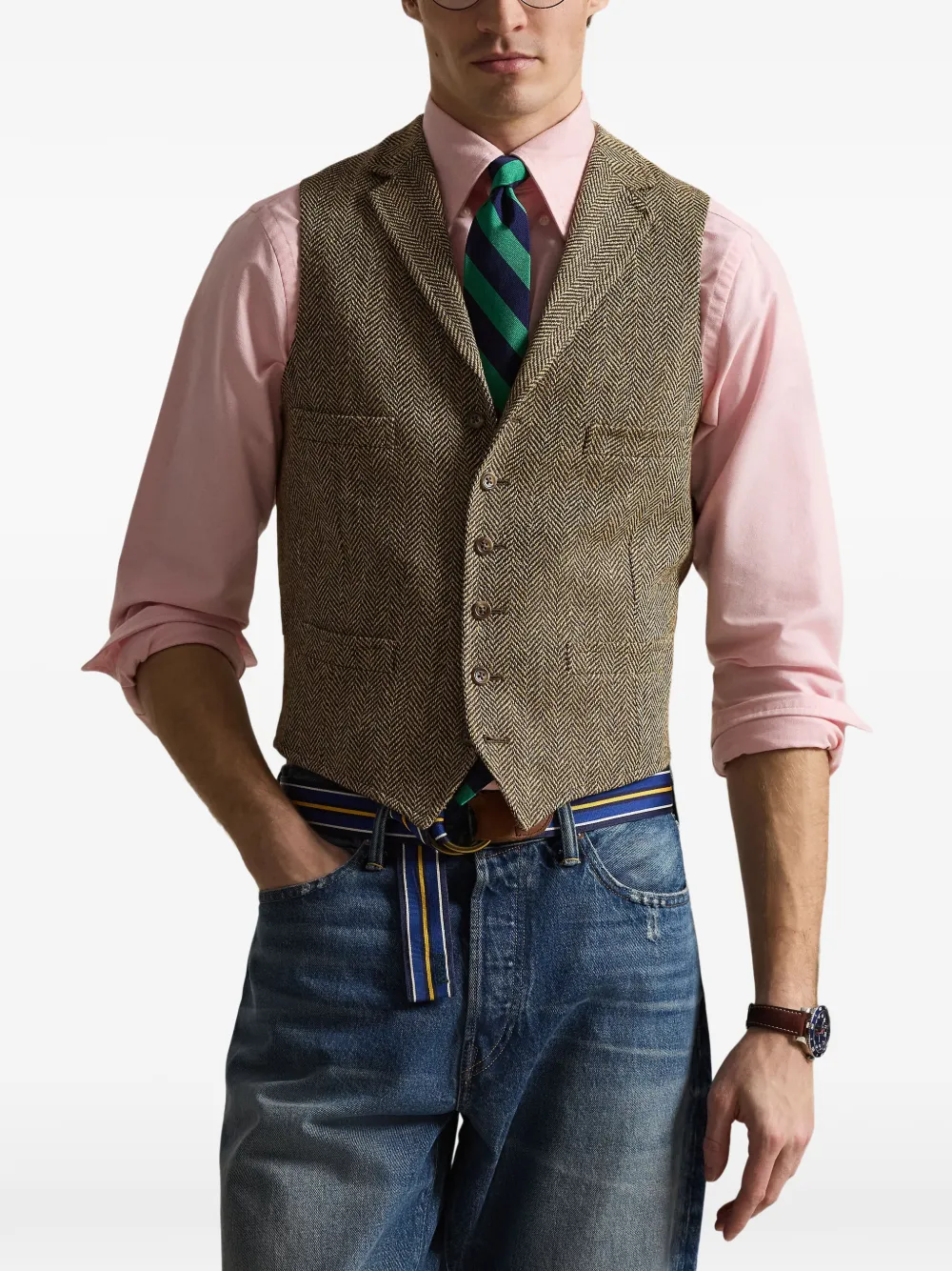 Polo Ralph Lauren Herringbone Button Waistcoat In Brown