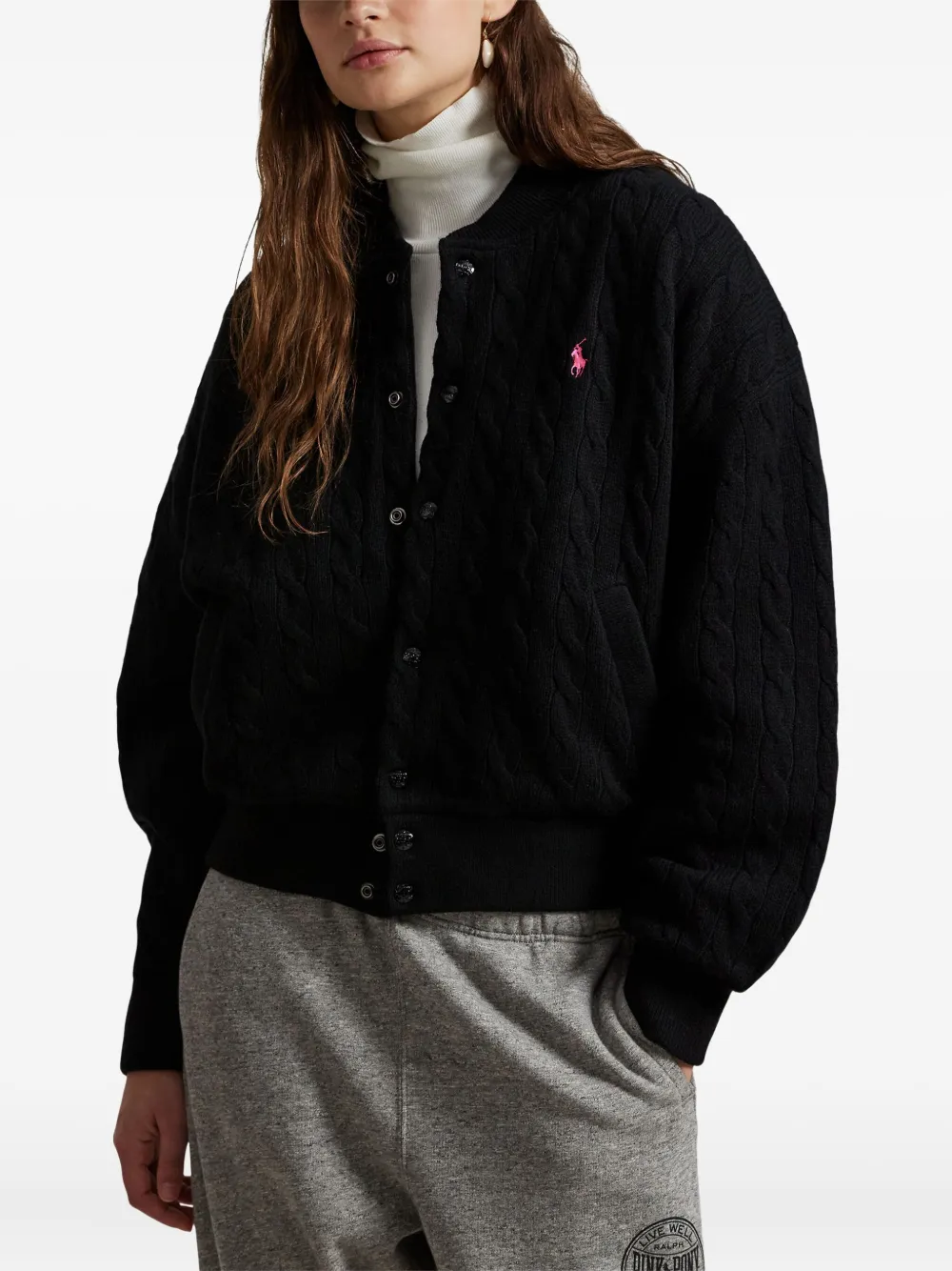 Polo Ralph Lauren Pink Pony Cable-knit Buttoned Cardigan In Black