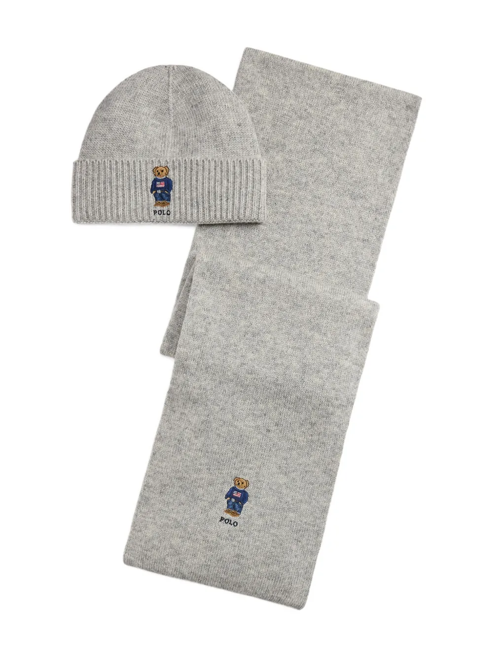 Polo Ralph Lauren Embroidered Scarf And Beanie Set In Gray