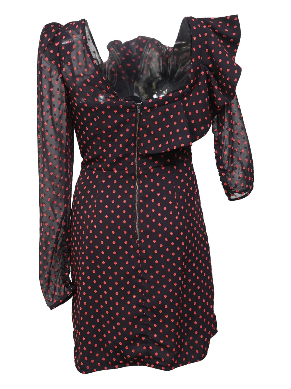 Pre-owned Self-portrait One-shoulder Polka Dot Ruffled Plumetis Mini Dress In Black