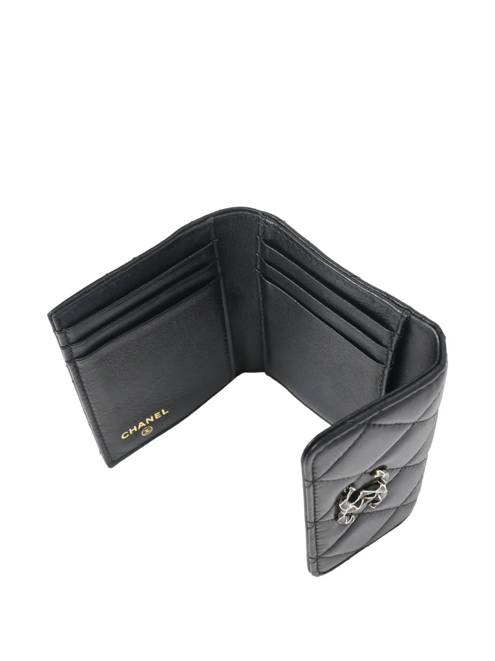 Pre-owned Chanel Enamel-logo Quilted Wallet In Black