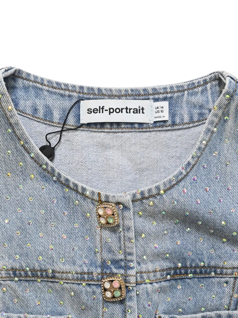 Pre-owned Self-portrait Rhinestone Button-up Denim Top In Blue