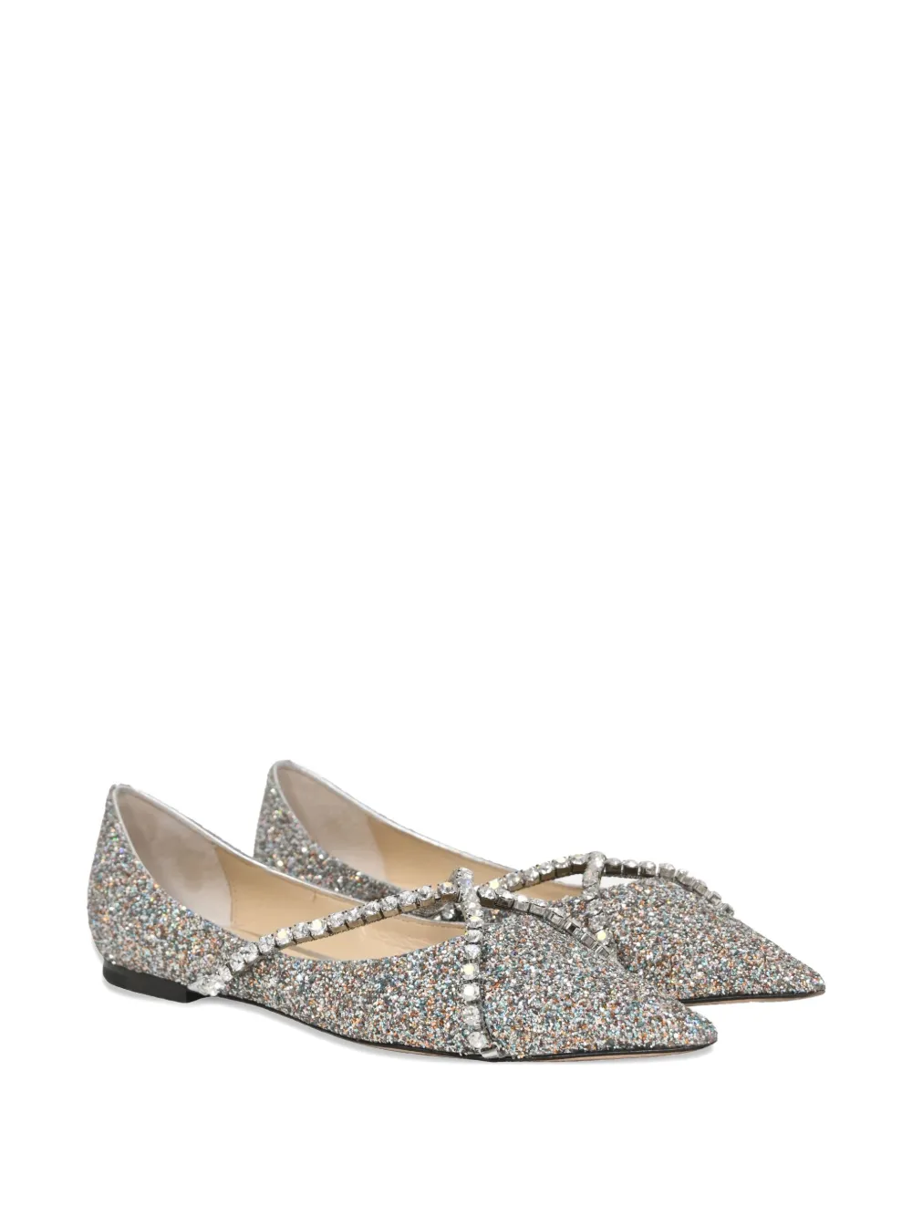 JIMMY CHOO Pre-owned Genevi Crystal-embellished Pointed Ballet Flats In Silver