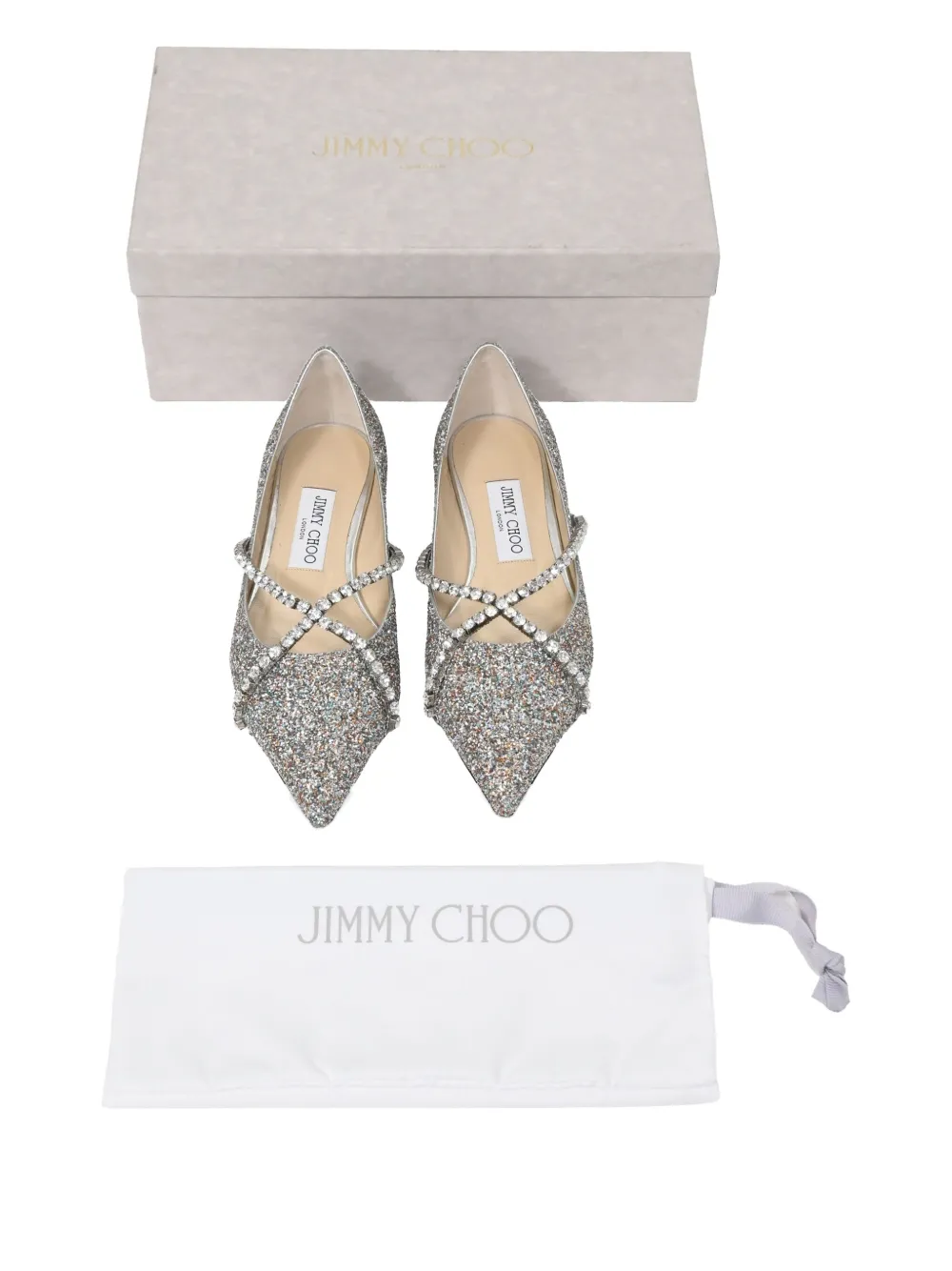 JIMMY CHOO Pre-owned Genevi Crystal-embellished Pointed Ballet Flats In Silver
