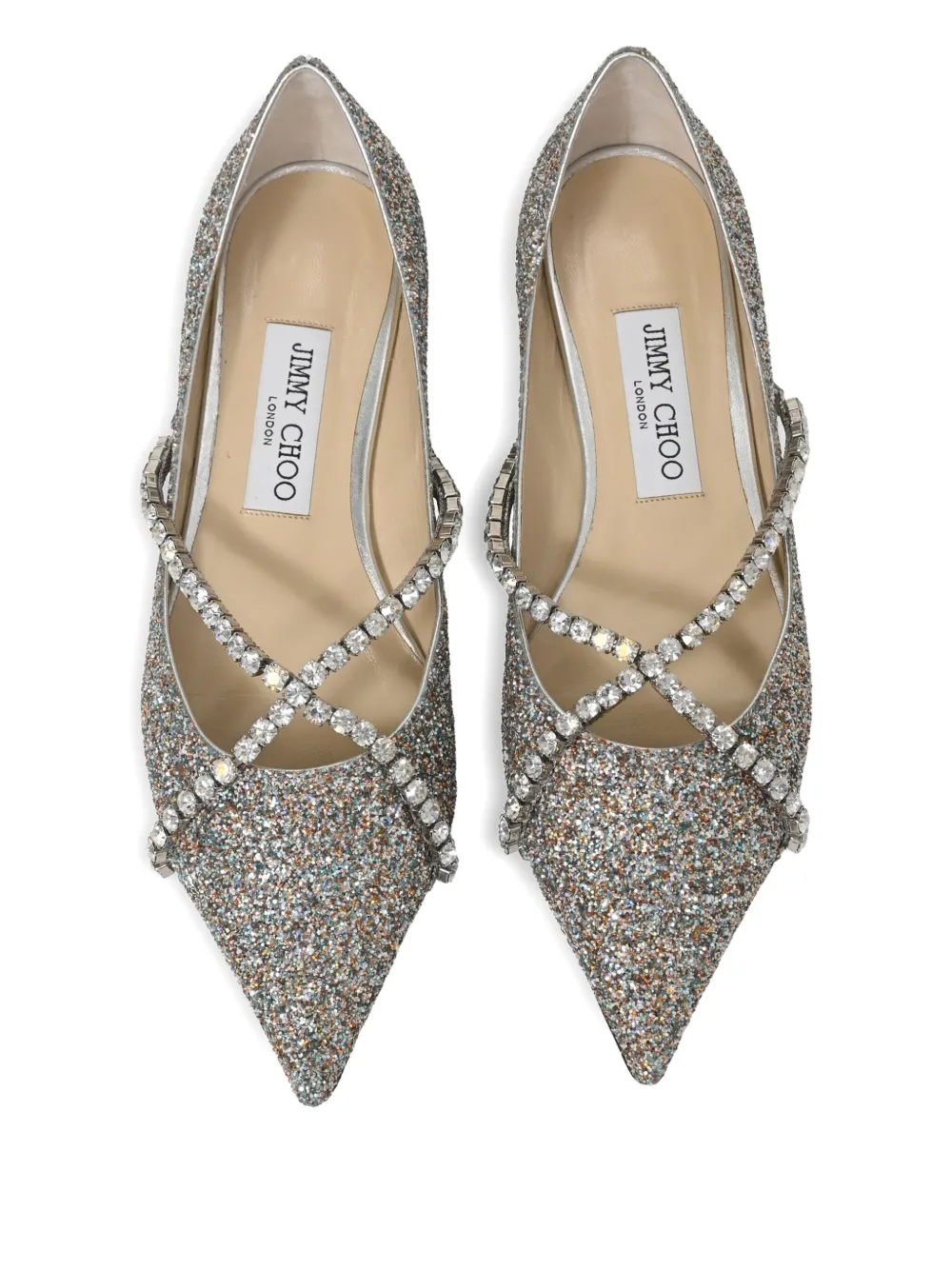JIMMY CHOO Pre-owned Genevi Crystal-embellished Pointed Ballet Flats In Silver