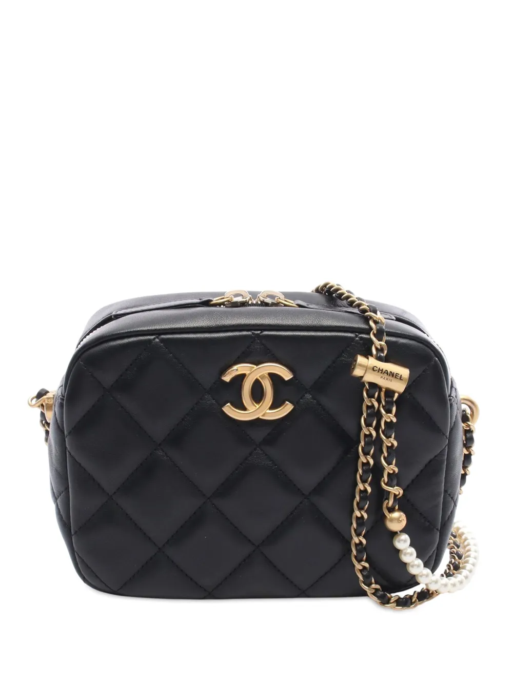 Click to view more detailed imagery on our partner's website Pre-owned Chanel 2021-2025 Cc Quilted Lambskin Pearl Chain Camera Bag Crossbody Bag In Black