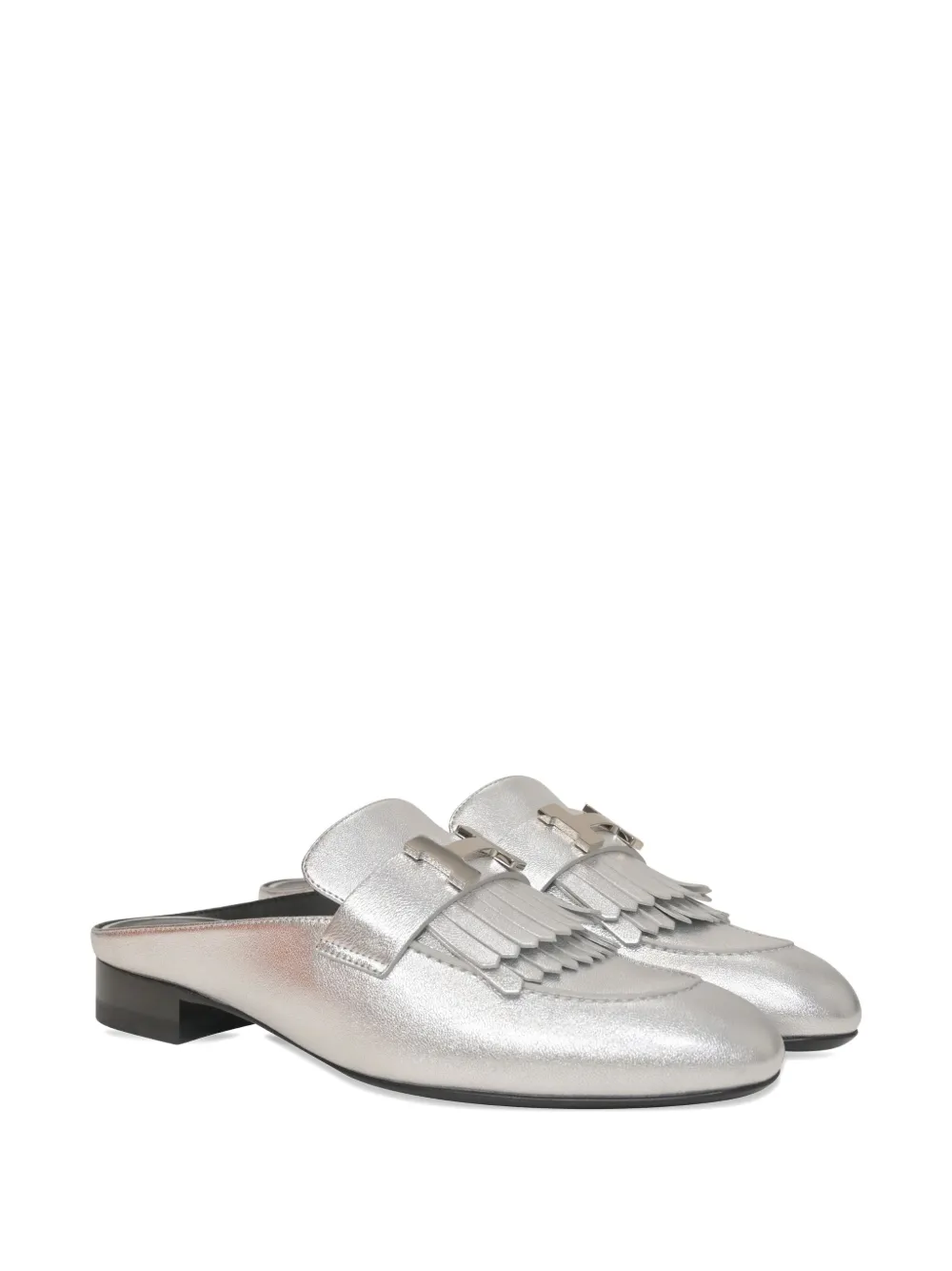 Pre-owned Hermes 30mm Rivoli Fringed Mules In Silver