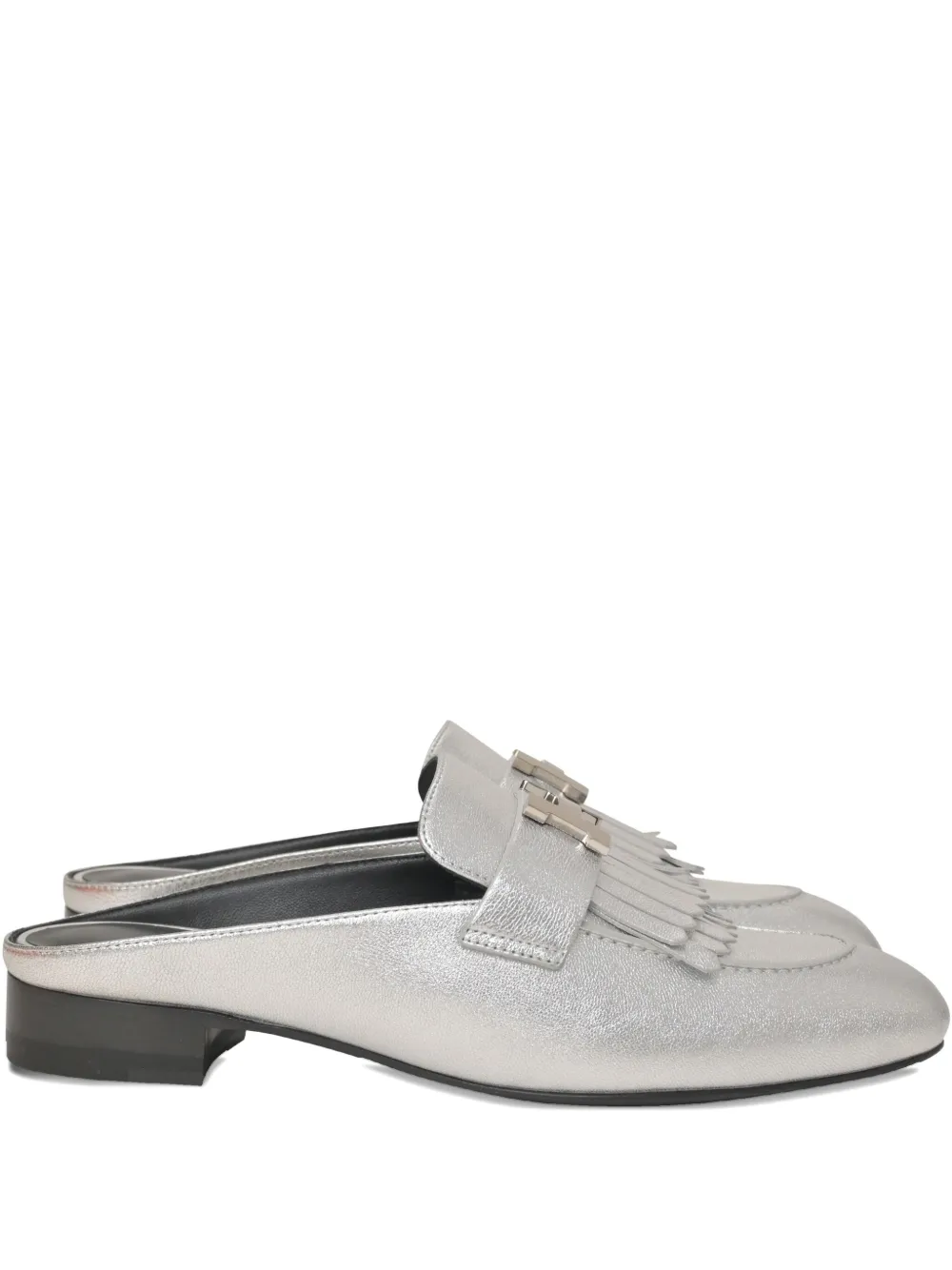 Pre-owned Hermes 30mm Rivoli Fringed Mules In Silver