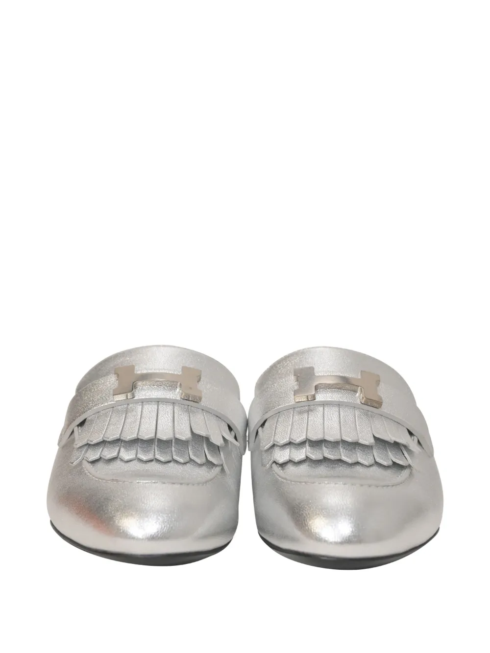 Pre-owned Hermes 30mm Rivoli Fringed Mules In Silver