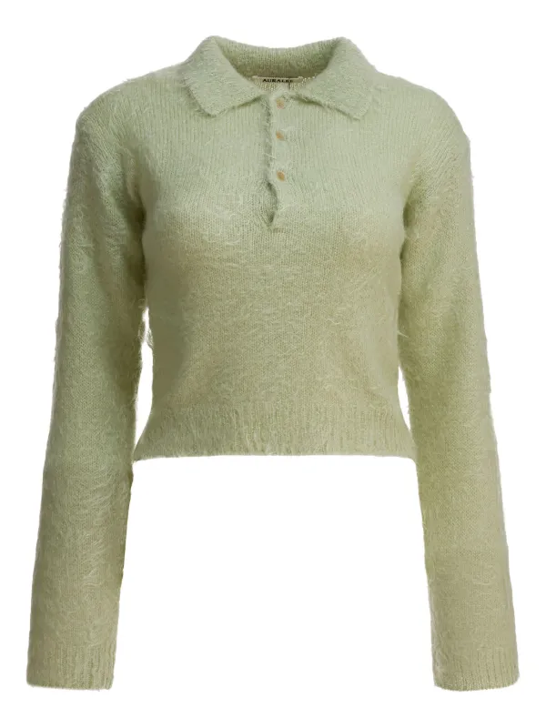Auralee Brushed Wool Polo Sweater in Green