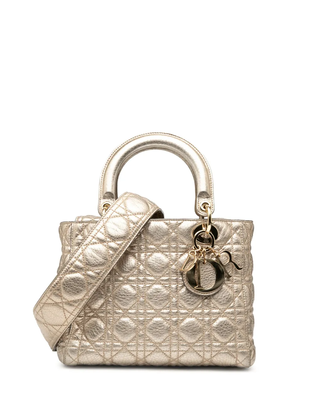 DIOR Pre-owned 2017 Medium Metallic Grained Calfskin Cannage Supple Lady Satchel In Gold