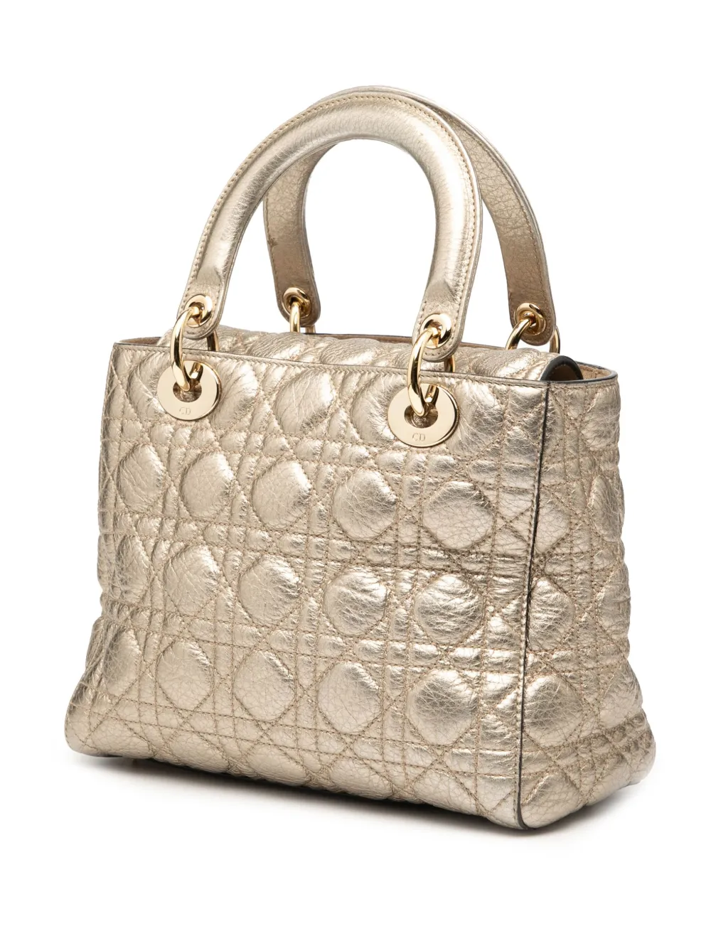 DIOR Pre-owned 2017 Medium Metallic Grained Calfskin Cannage Supple Lady Satchel In Gold