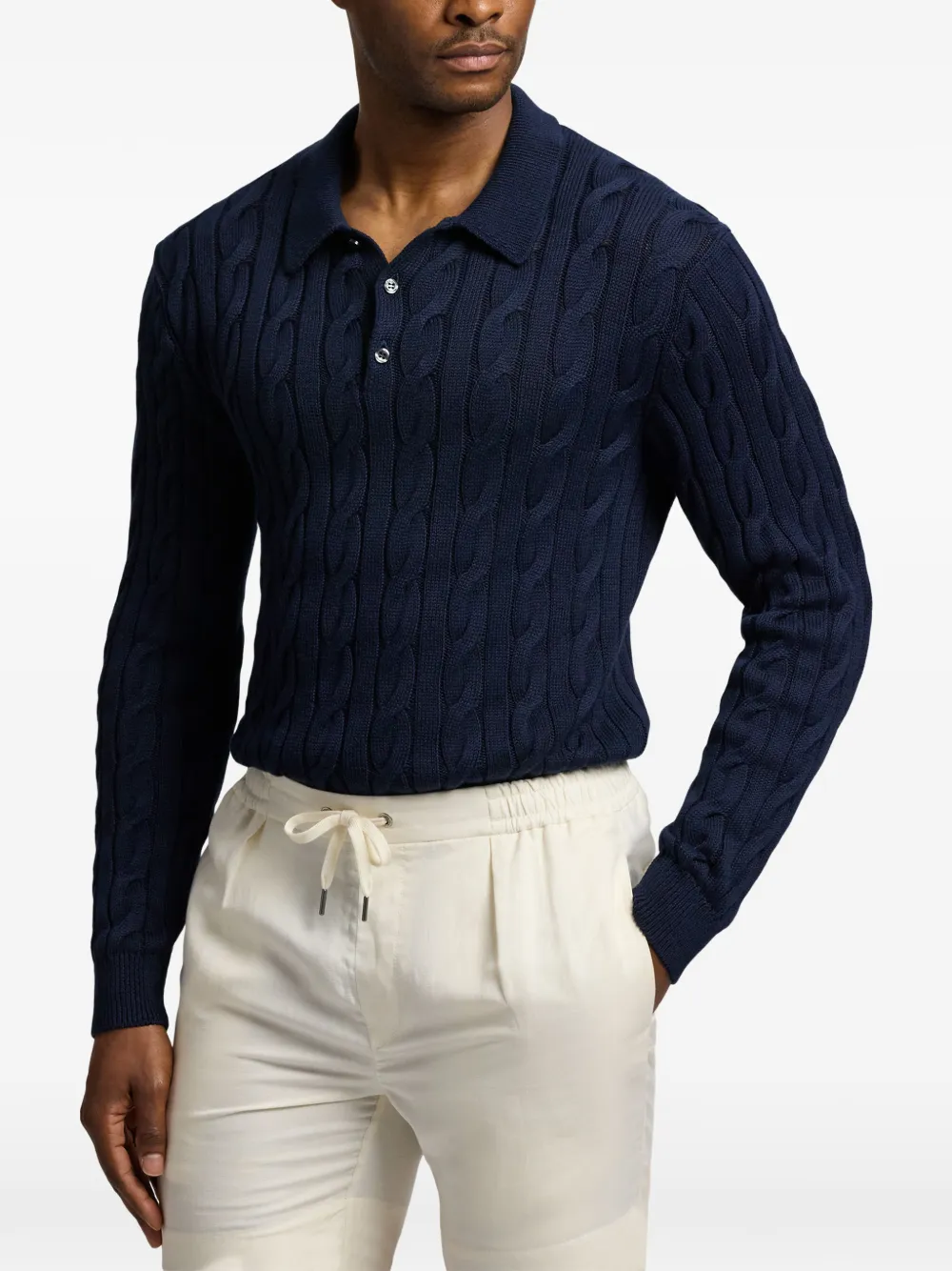 Ralph Lauren Purple Label cable-knit polo sweater Blauw