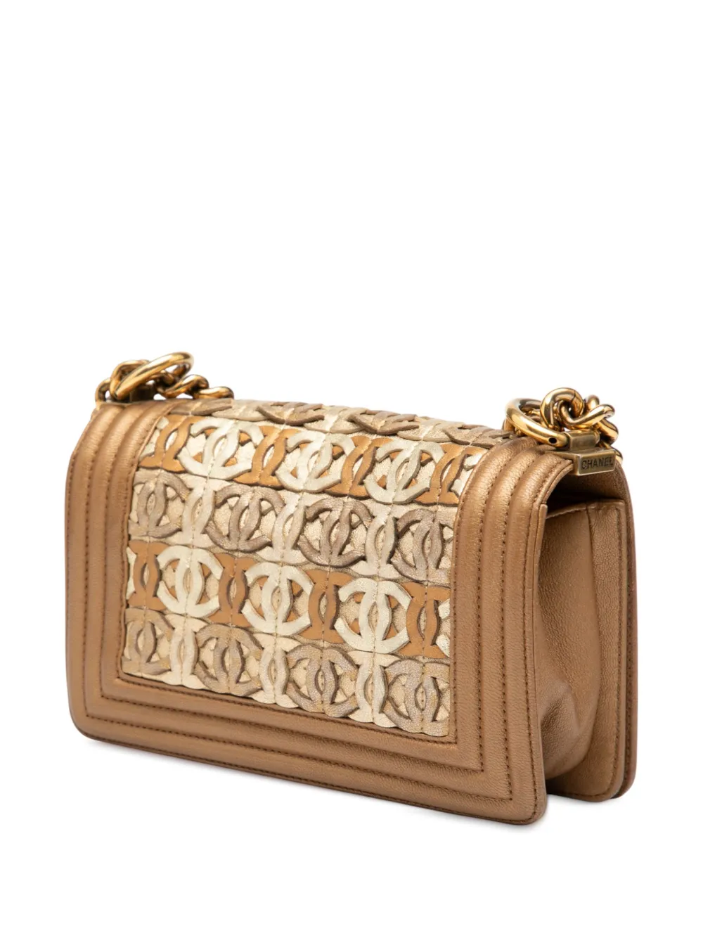  Chanel Pre-owned 2014-2015 Small Quilted Metallic Lambskin Interwoven Cc Boy Flap Crossbody Bag - Brown 