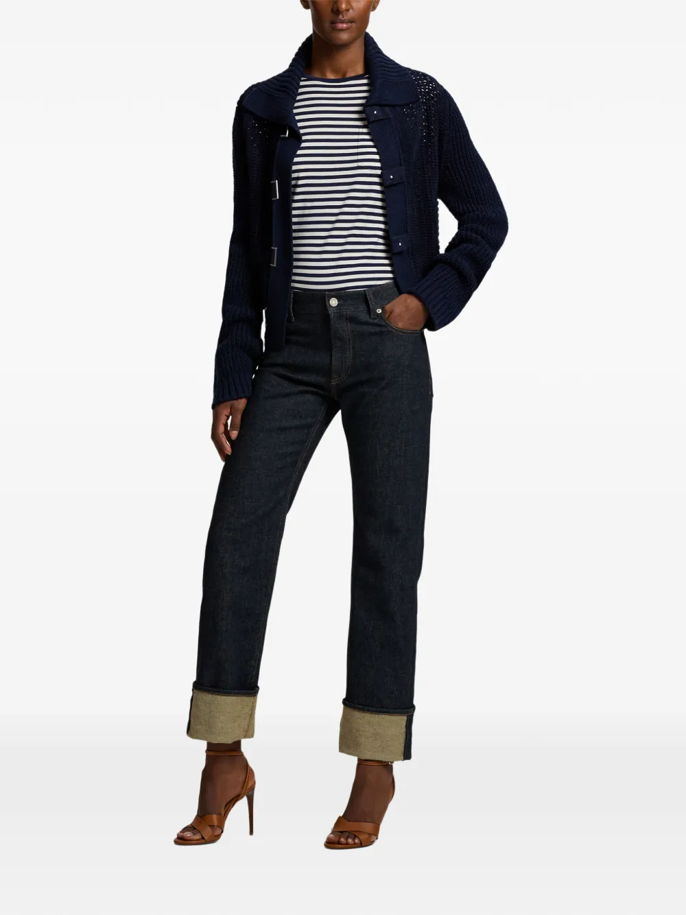 Ralph Lauren Collection buckled ribbed-knit cardigan Blauw