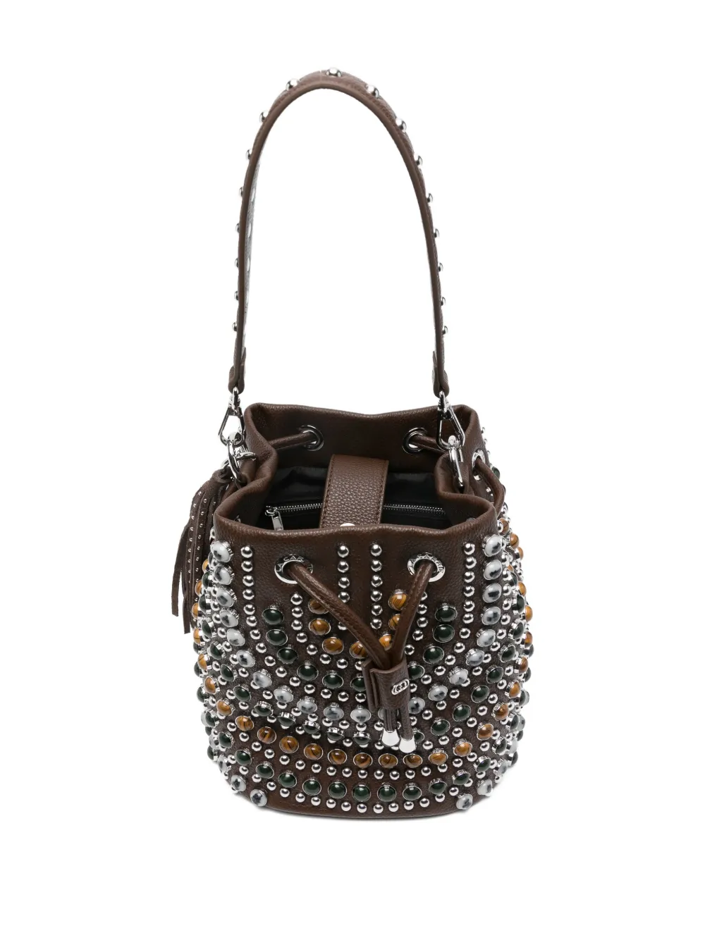 La Carrie Andromeda Studded Drawstring Bucket Bag In Brown