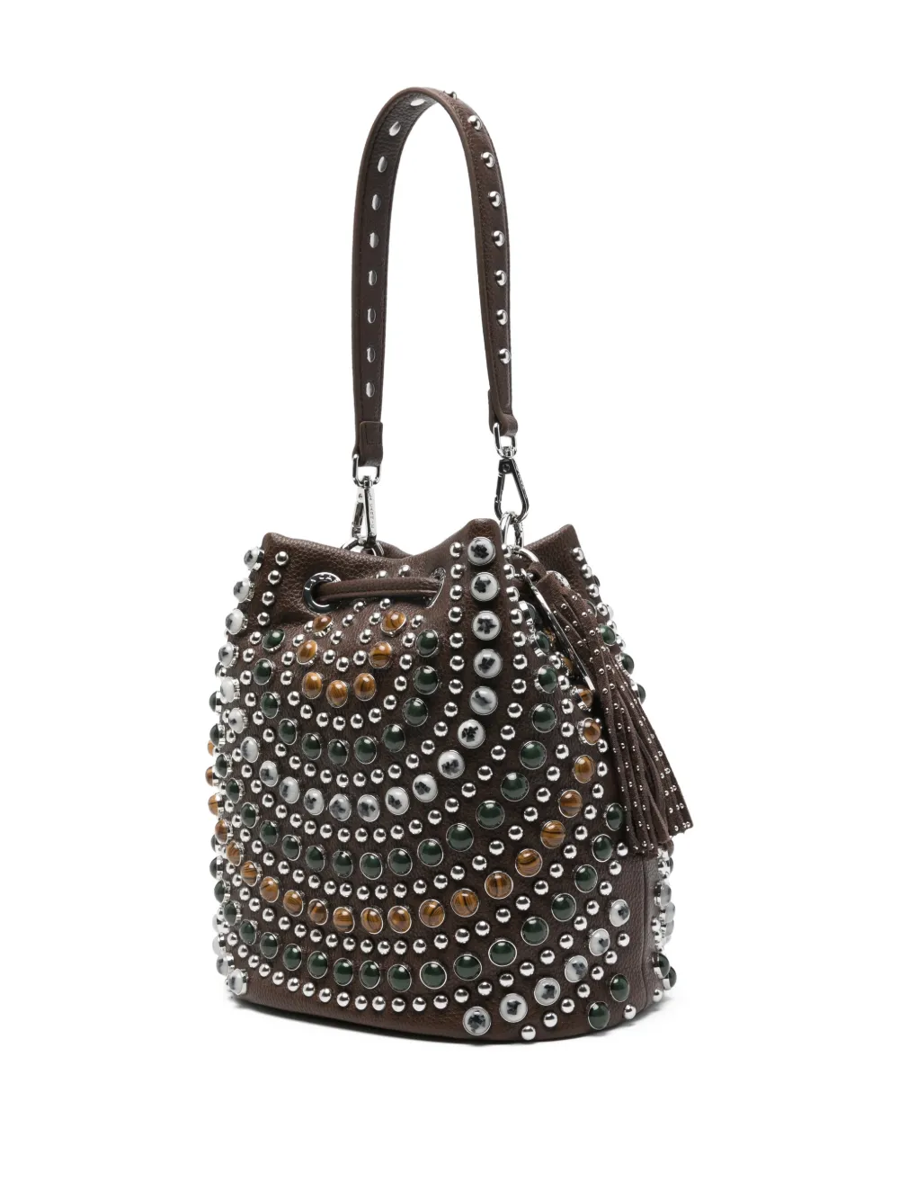 La Carrie Andromeda Studded Drawstring Bucket Bag In Brown