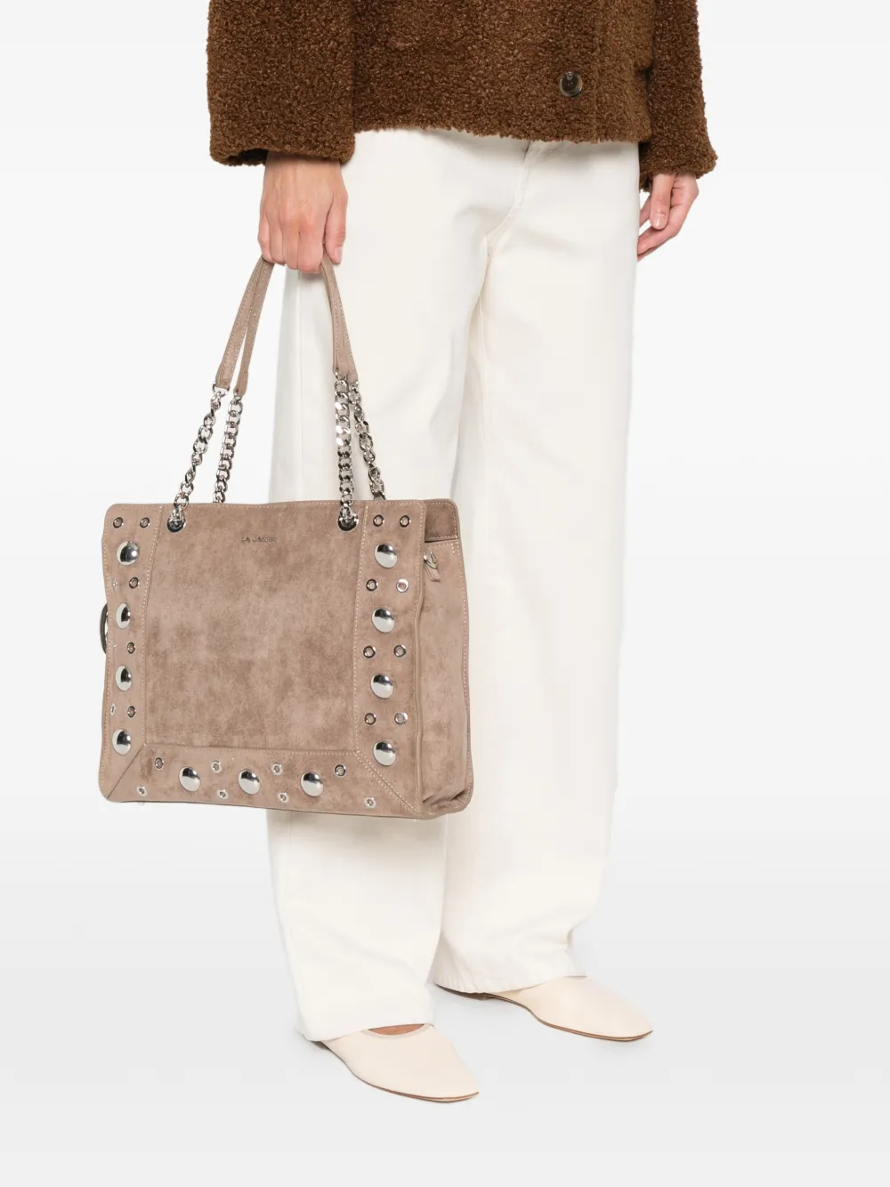 La Carrie Ethnic studded chain shoulder bag - Beige