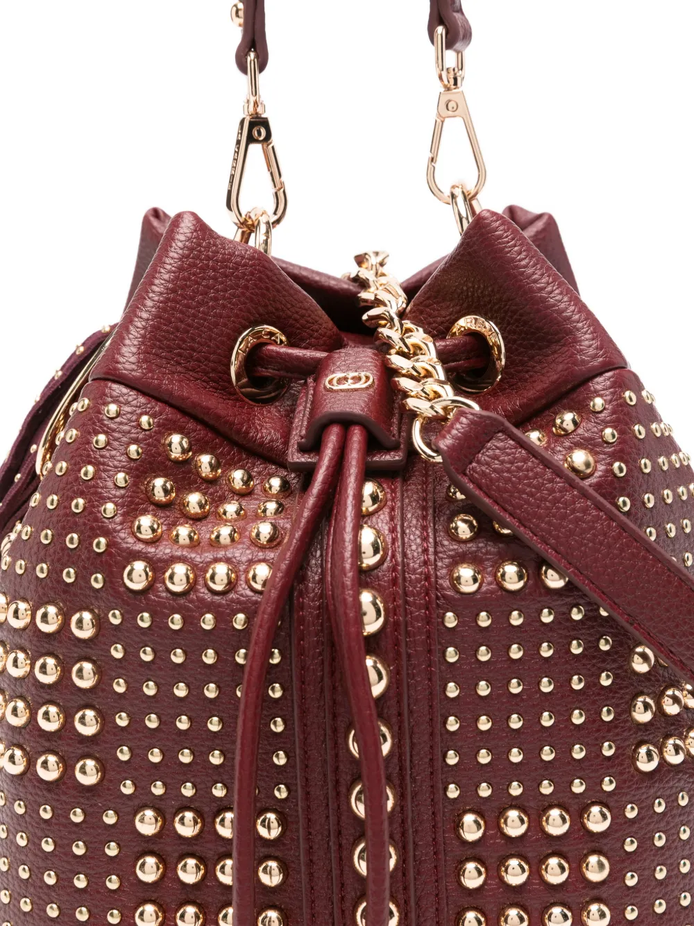 La Carrie Planet Studded Tassel Bucket Bag In Red