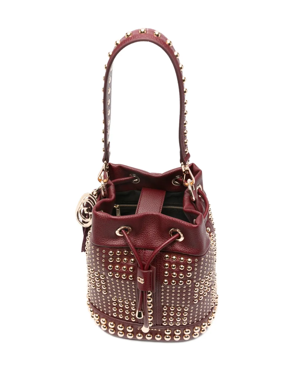 La Carrie Planet Studded Tassel Bucket Bag In Red