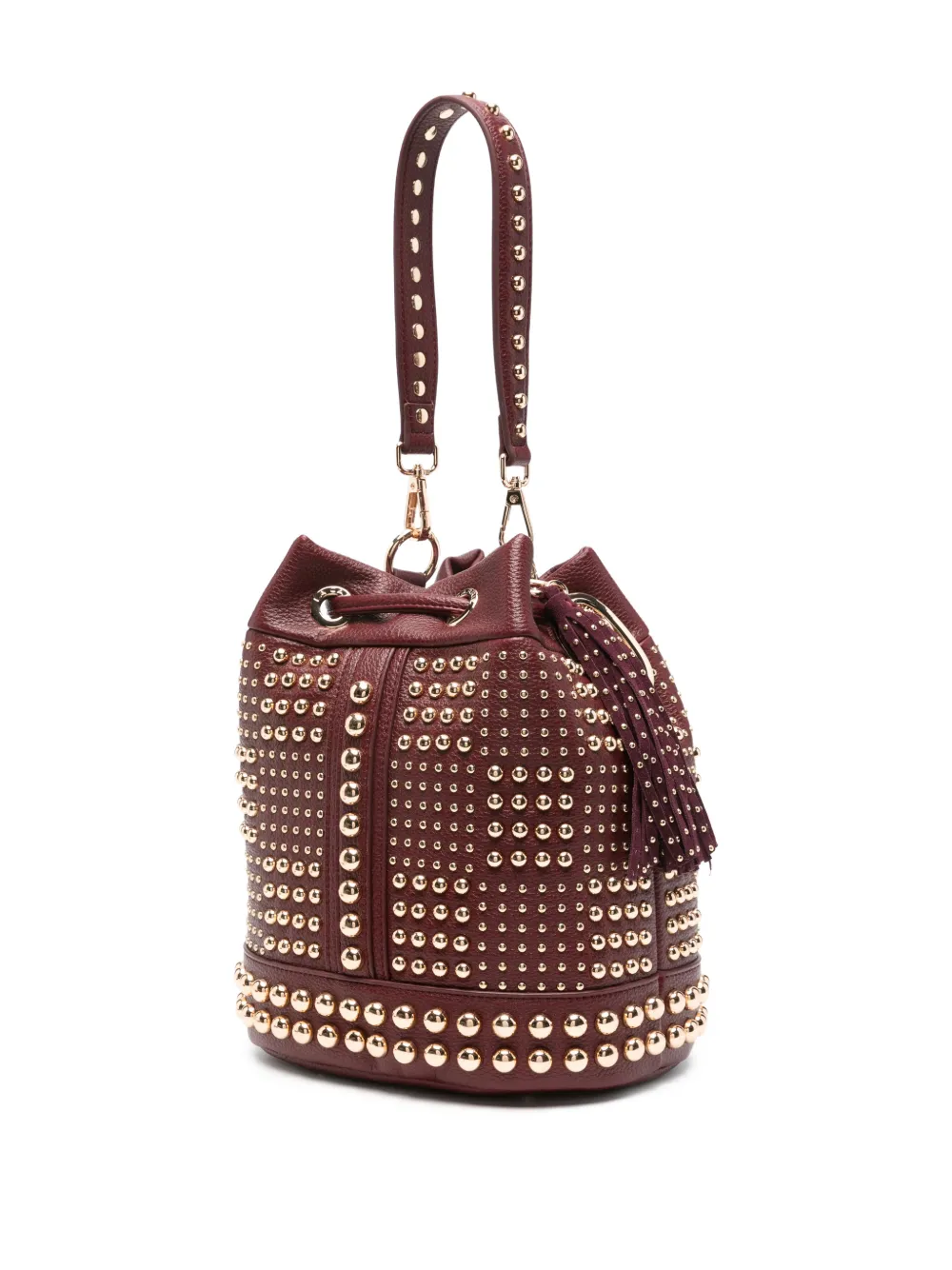 La Carrie Planet Studded Tassel Bucket Bag In Red