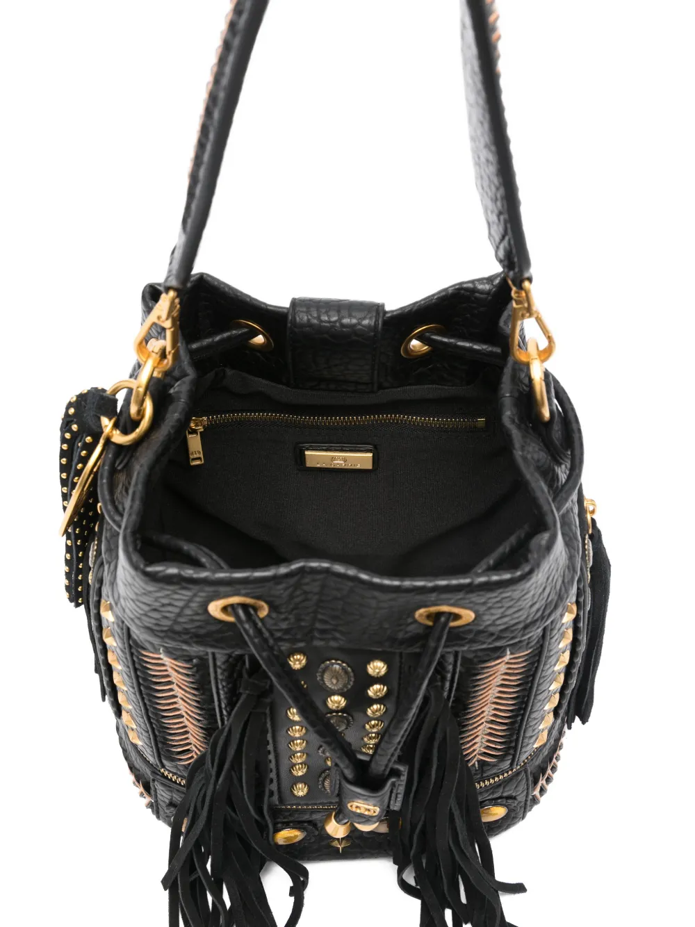 La Carrie Jungle Studded Tassel Bucket Bag In Black