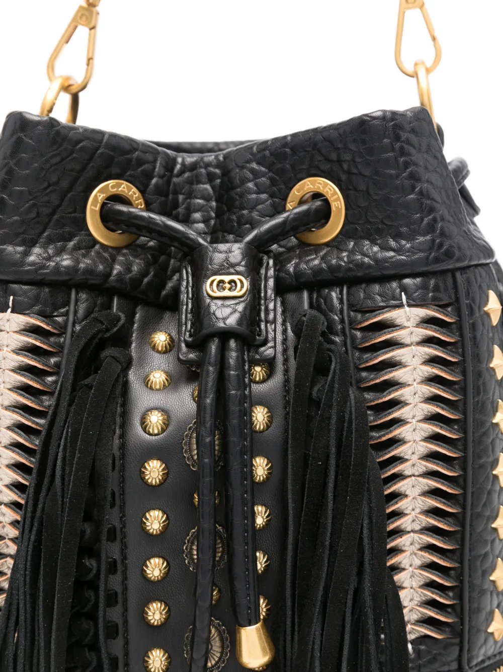 La Carrie Jungle Studded Tassel Bucket Bag In Black