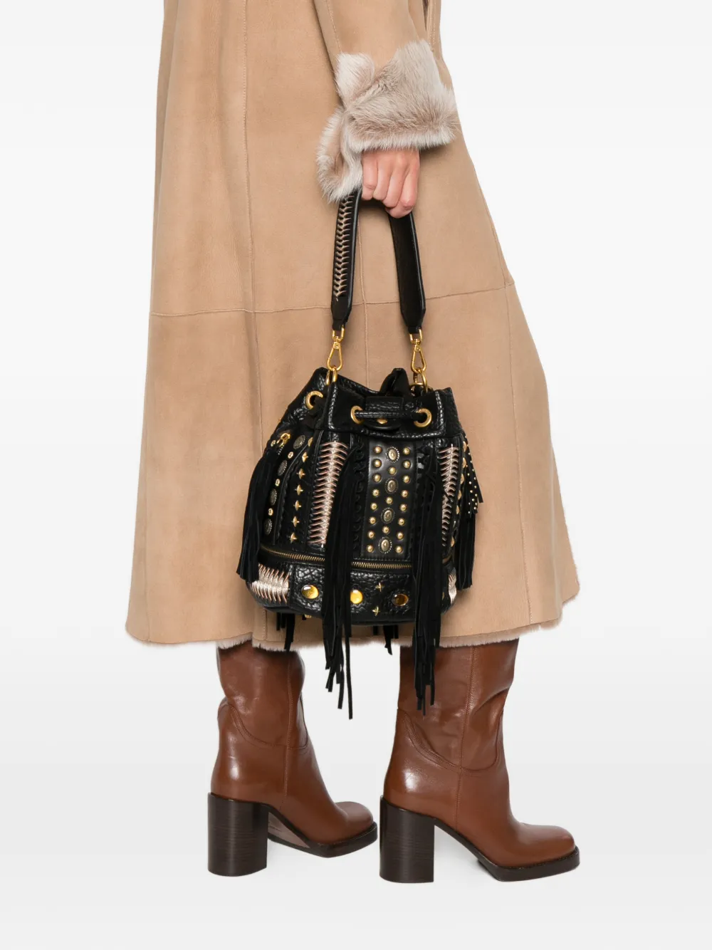 La Carrie Jungle Studded Tassel Bucket Bag In Black