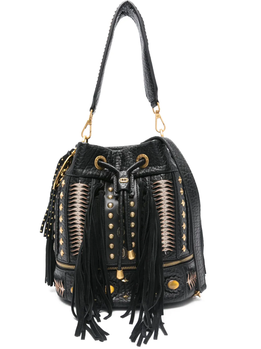La Carrie Jungle Studded Tassel Bucket Bag In Black