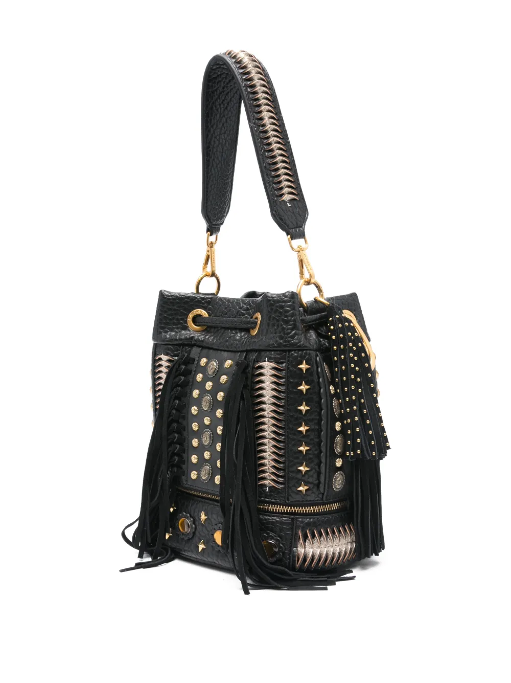 La Carrie Jungle Studded Tassel Bucket Bag In Black