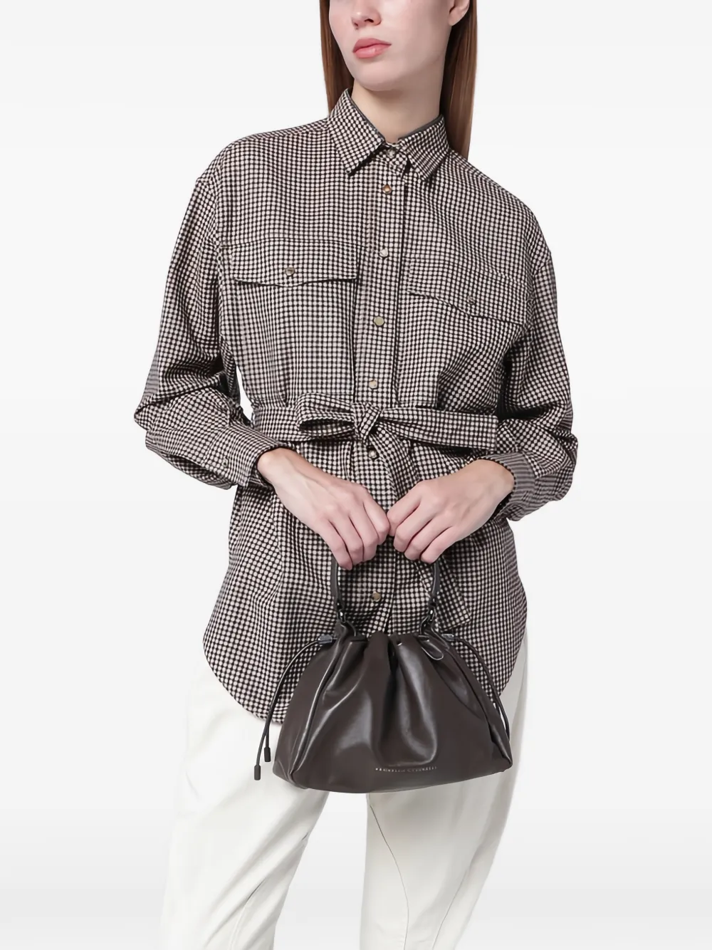 Brunello Cucinelli small Mellow drawstring leather tote bag - Bruin