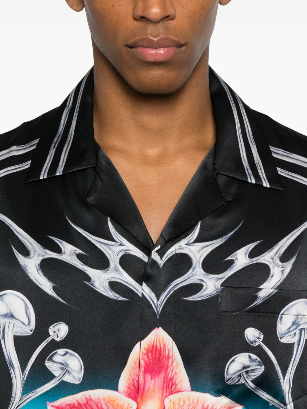 Casablanca Black Blades Short Sleeve Silk Satin Shirt In Multi