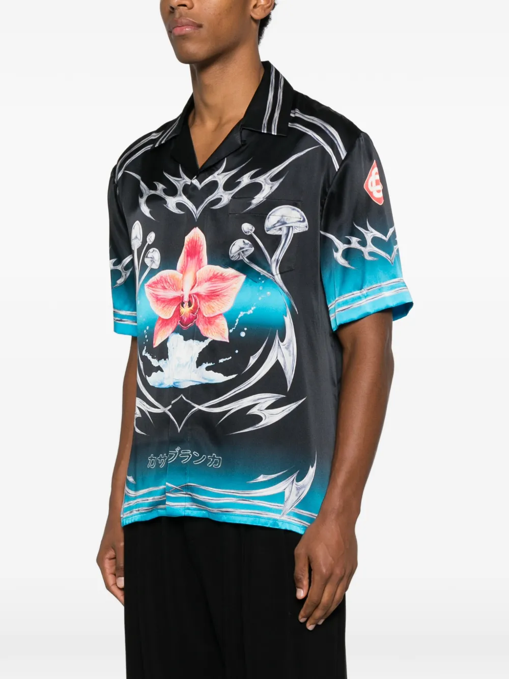 Casablanca Black Blades Short Sleeve Silk Satin Shirt In Multi