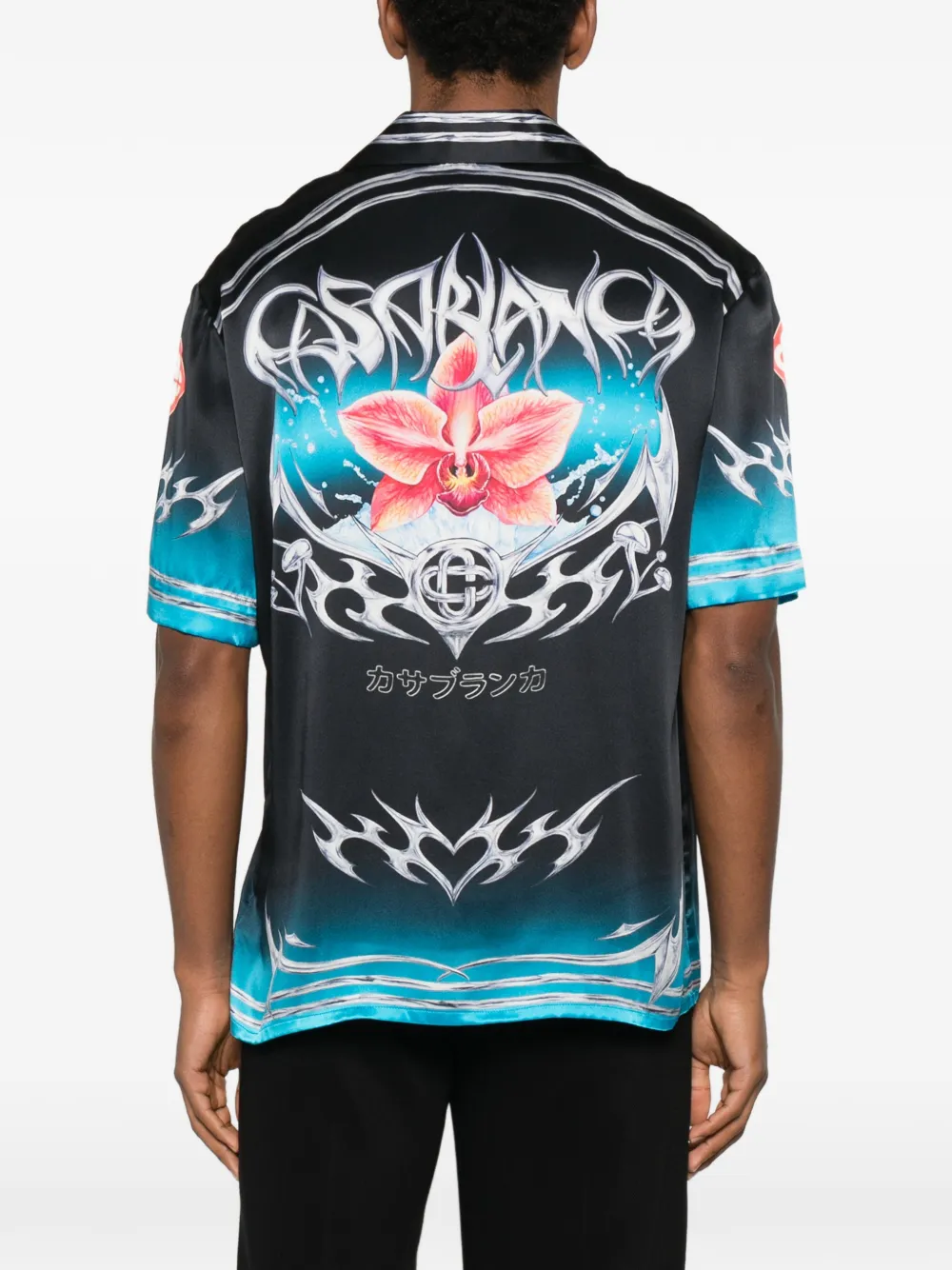 Casablanca Black Blades Short Sleeve Silk Satin Shirt In Multi