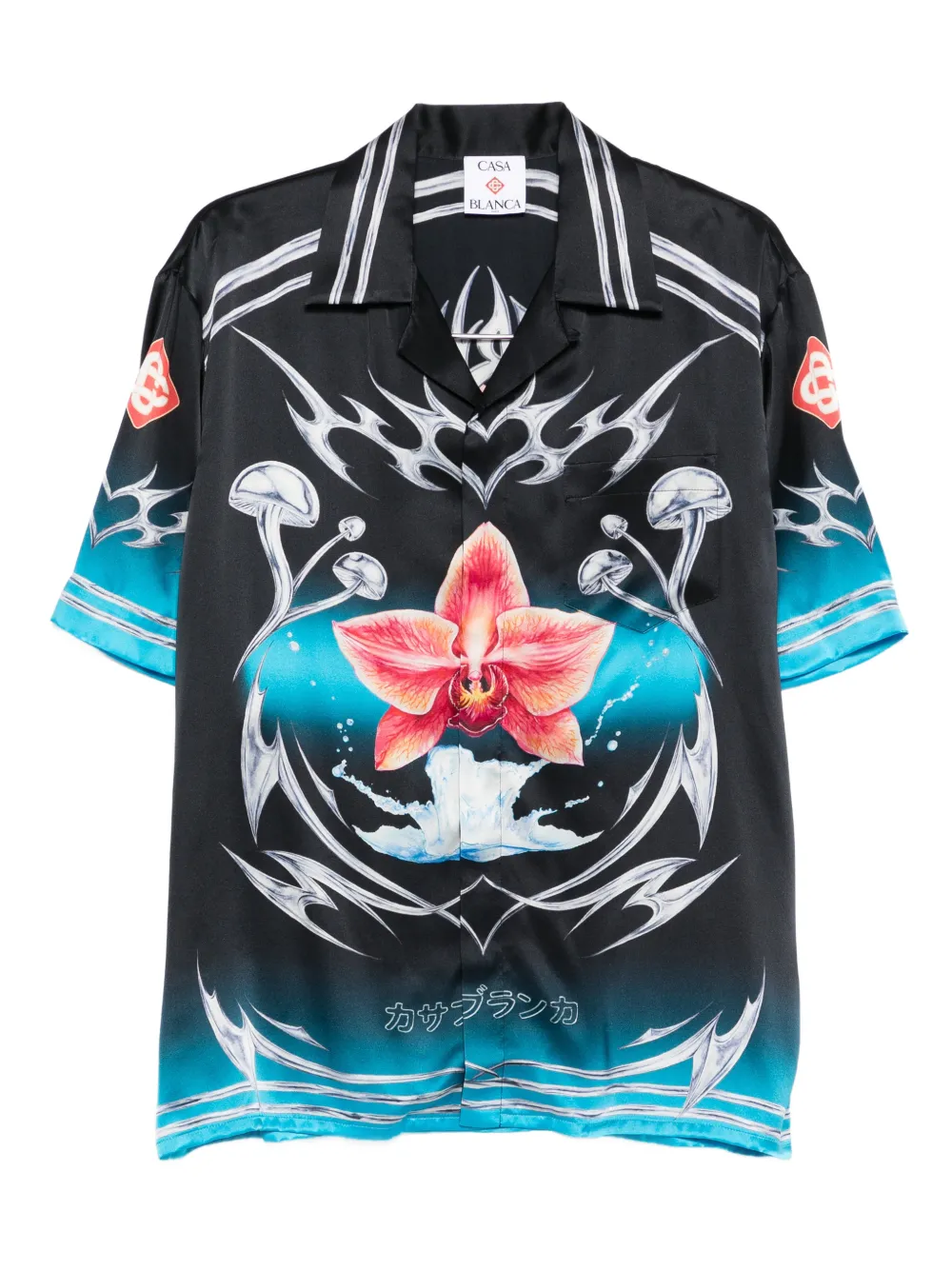 Casablanca Black Blades Short Sleeve Silk Satin Shirt In Multi