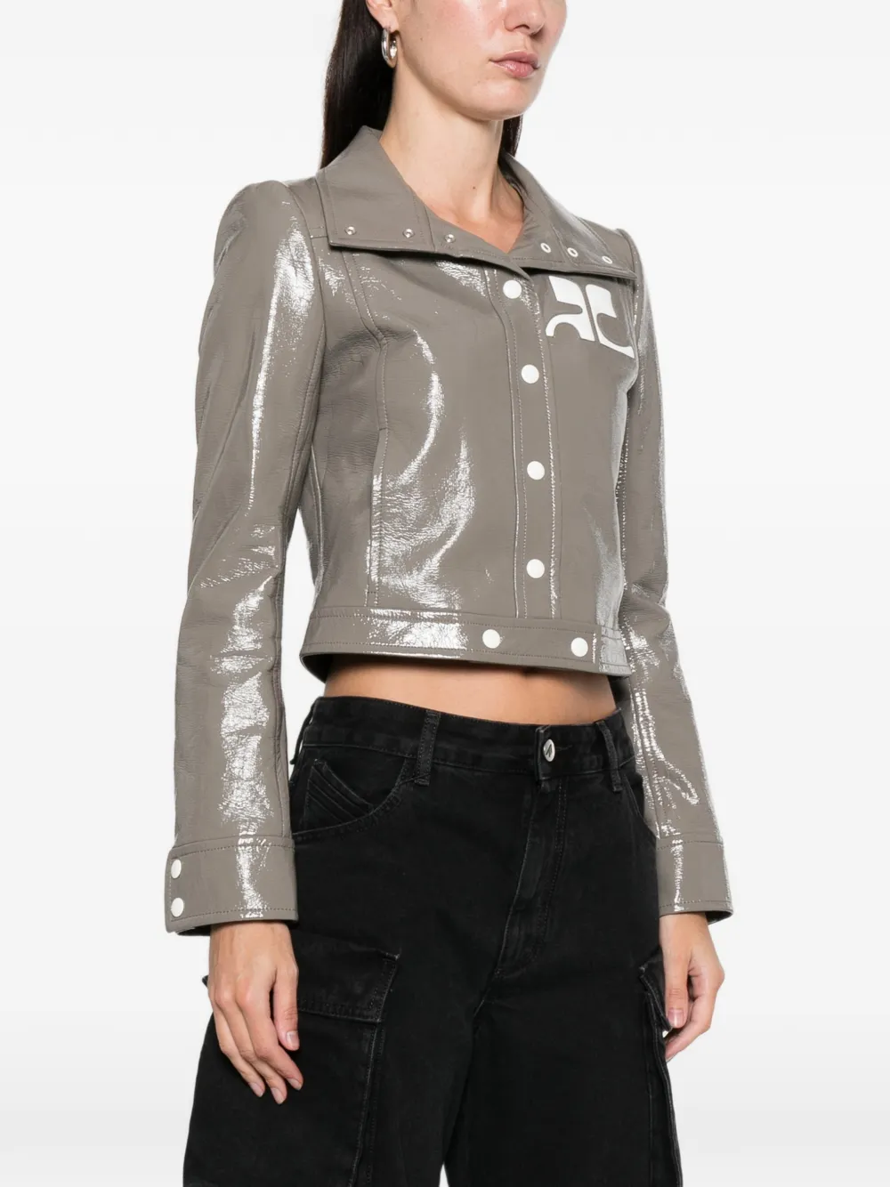 Courrèges Vinyl Jacket With Long Sleeves And Cropped Cut In Gray