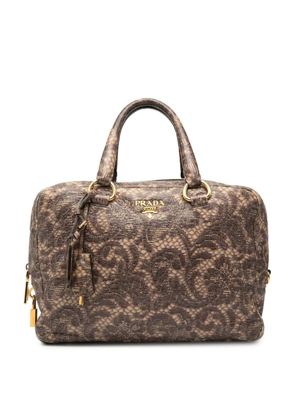 Pre-owned Prada 2000-2013 Cervo Lux Lace Print Bauletto Handbag In Brown