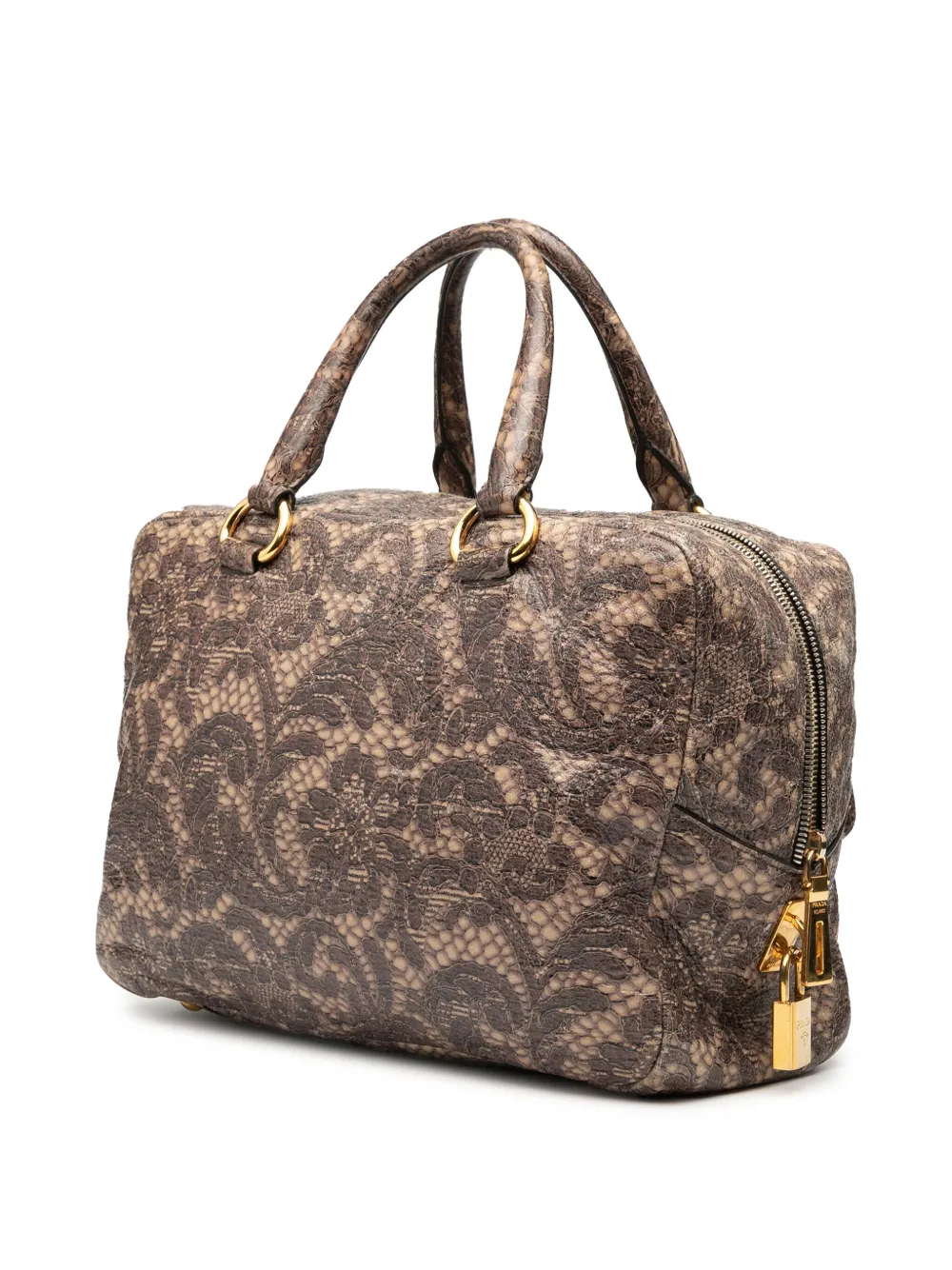 Pre-owned Prada 2000-2013 Cervo Lux Lace Print Bauletto Handbag In Brown